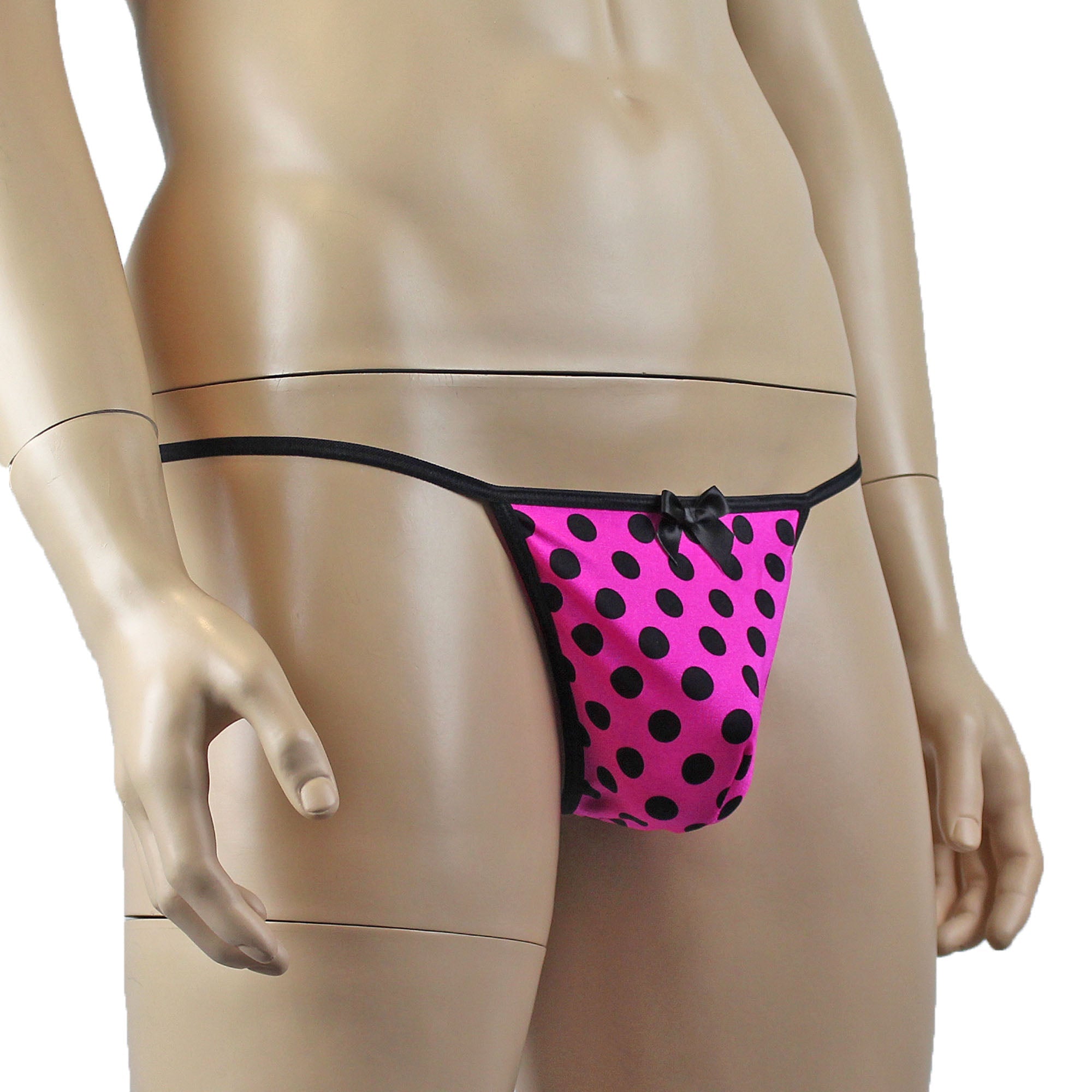 Mens Hot Pink Polka Dot Sexy V Back Pouch G string with Bow