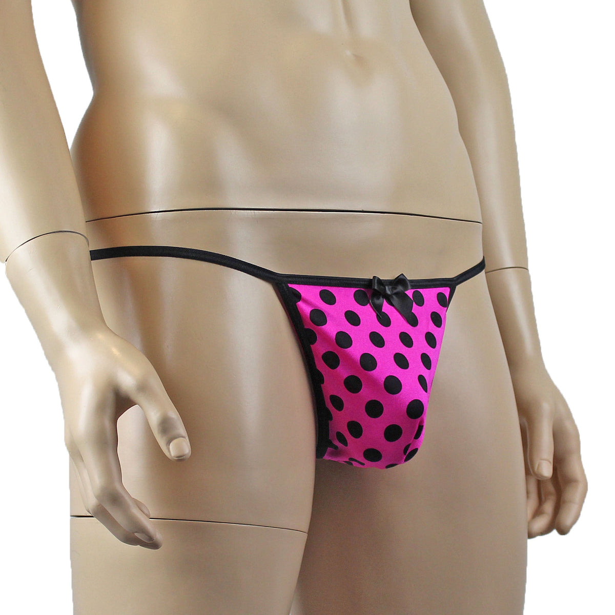 Mens Hot Pink Polka Dot Sexy V Back Pouch G string with Bow