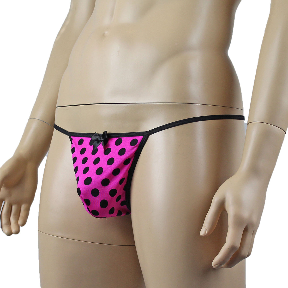 Mens Hot Pink Polka Dot Sexy V Back Pouch G string with Bow
