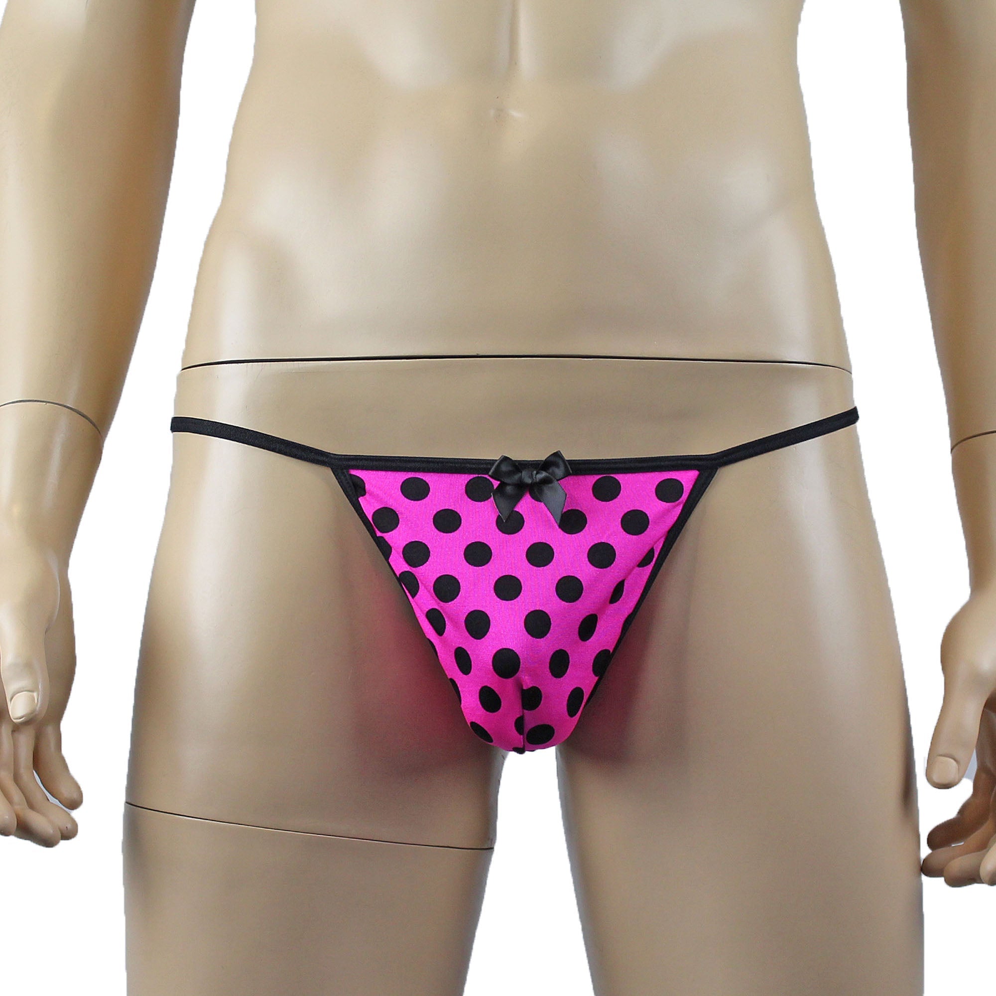 Mens Hot Pink Polka Dot Sexy V Back Pouch G string with Bow