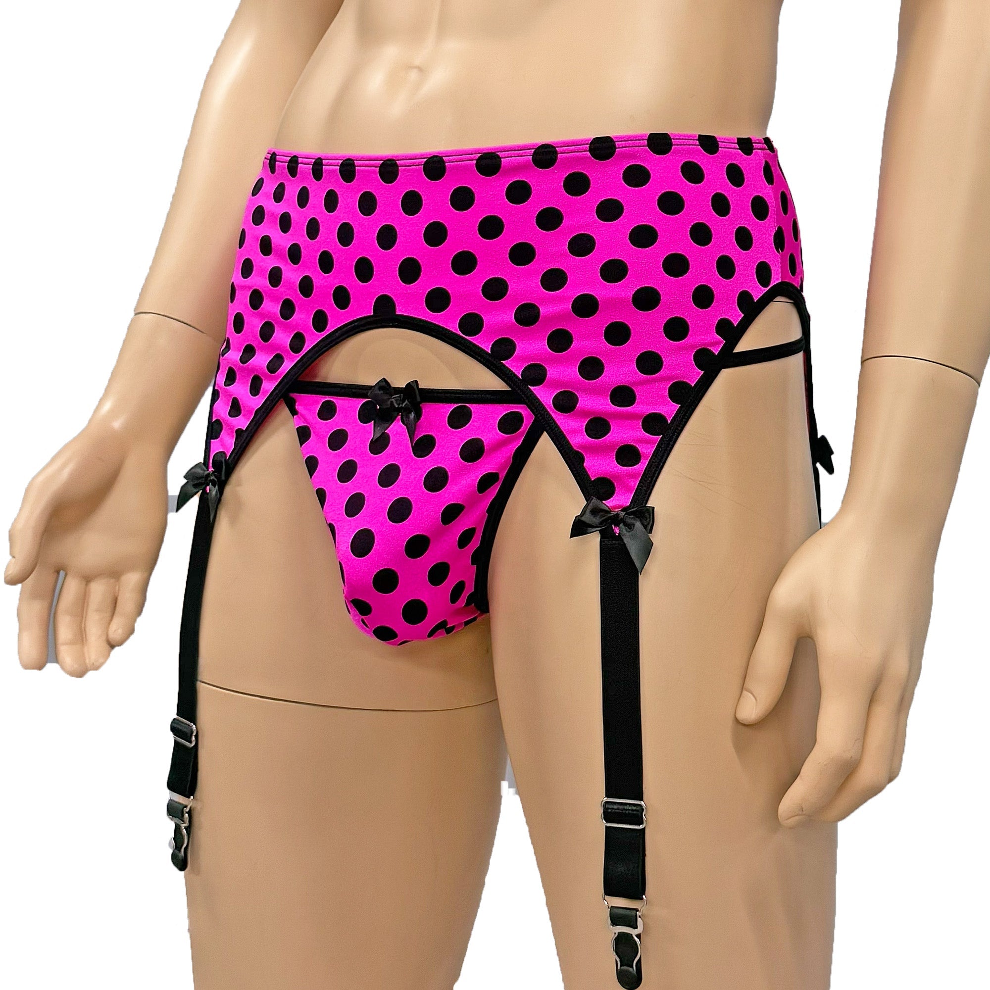 Mens Hot Pink Polka Dot Spandex Slip On Garterbelt