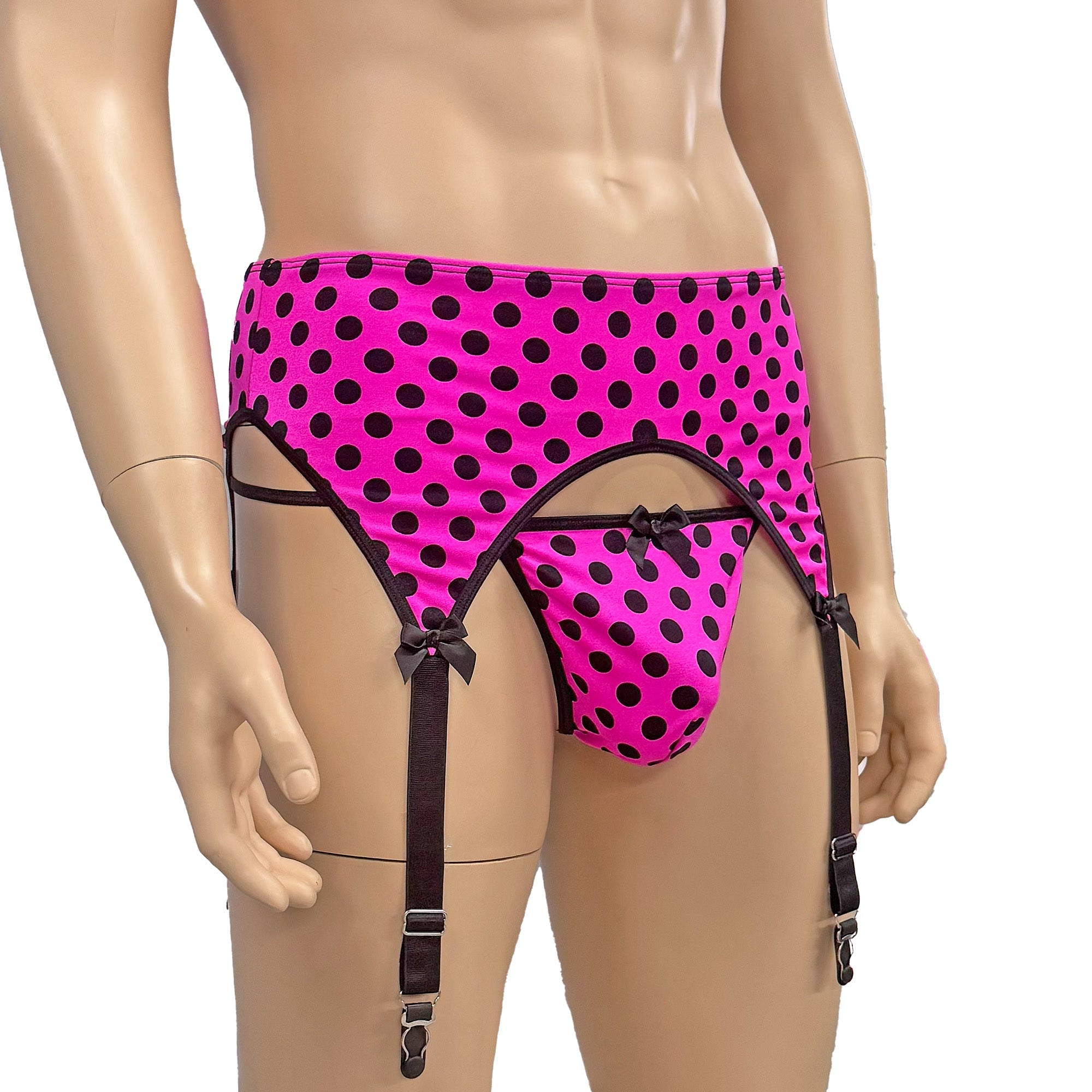 Mens Hot Pink Polka Dot Spandex Slip On Garterbelt