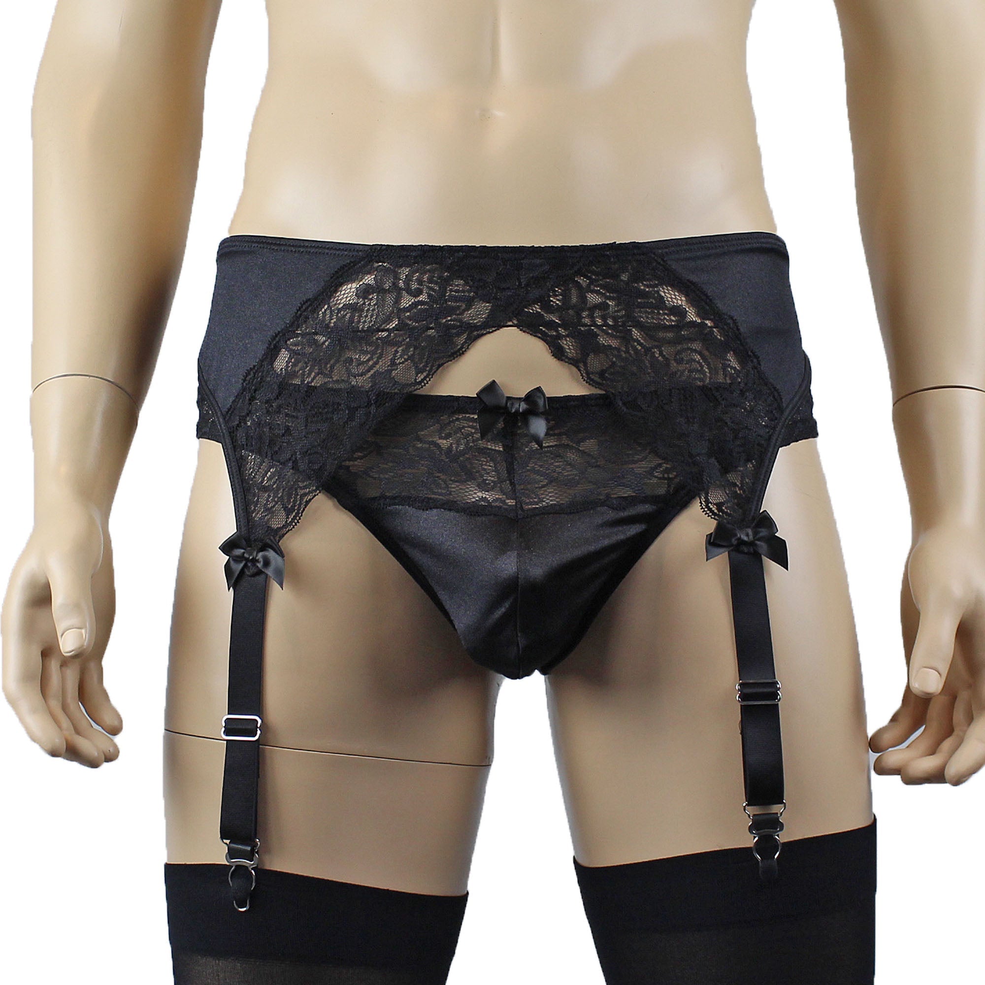 Male Romance Stretch Spandex Bra, G string Thong & Garterbelt Black