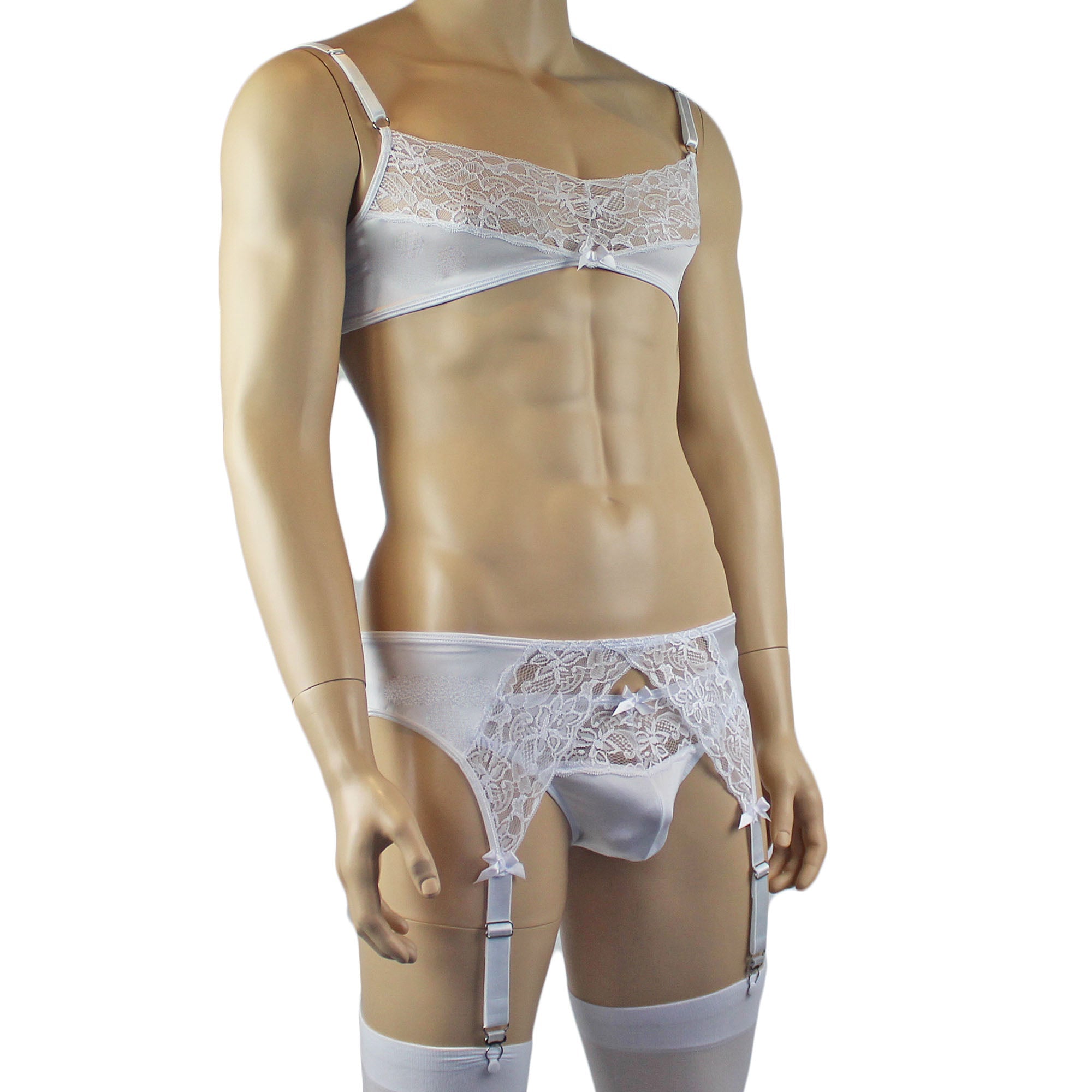 Male Romance Stretch Spandex Bra, G string Thong & Garterbelt White