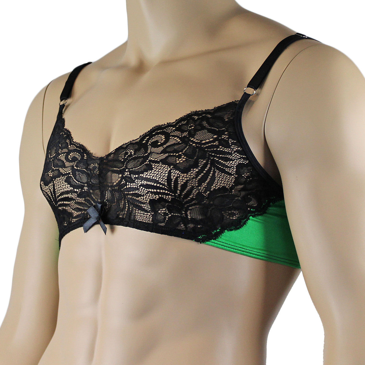 Mens Risque Bra Top with Wide Floral Lace Green & Black Lace