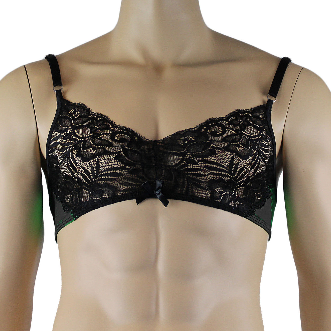Mens Risque Bra Top with Wide Floral Lace Black & Black Lace