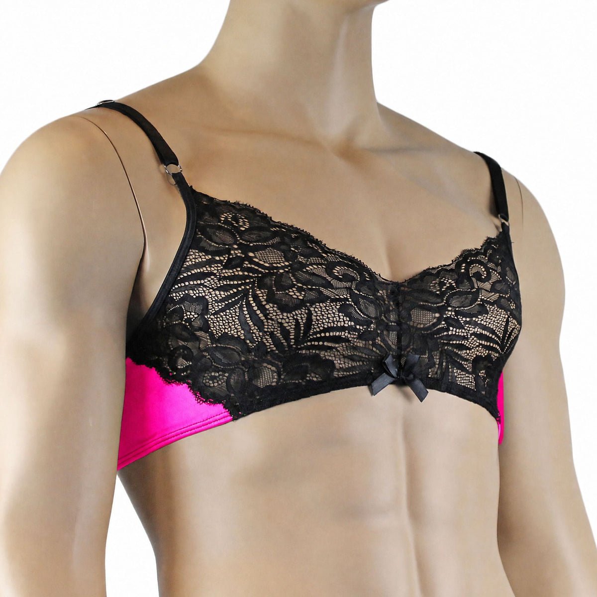 Mens Risque Bra Top with Wide Floral Lace Neon Pink & Black Lace