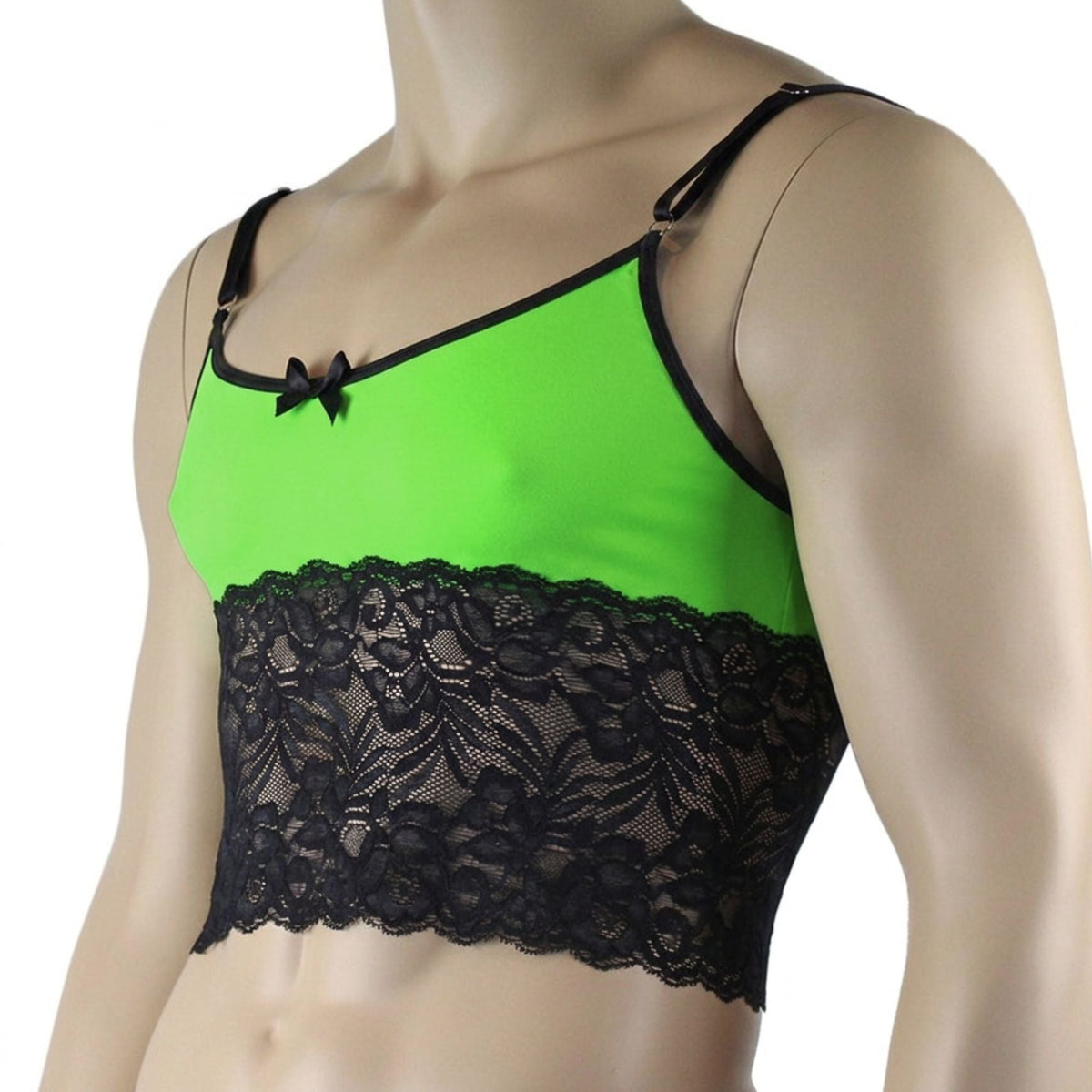 Mens Risque Camisole Bra Top with Wide Lace Trim Neon Green & Black