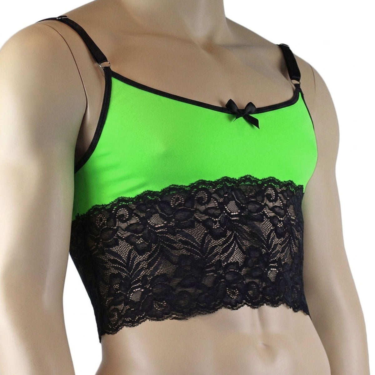 Mens Risque Camisole Bra Top with Wide Lace Trim Neon Green & Black