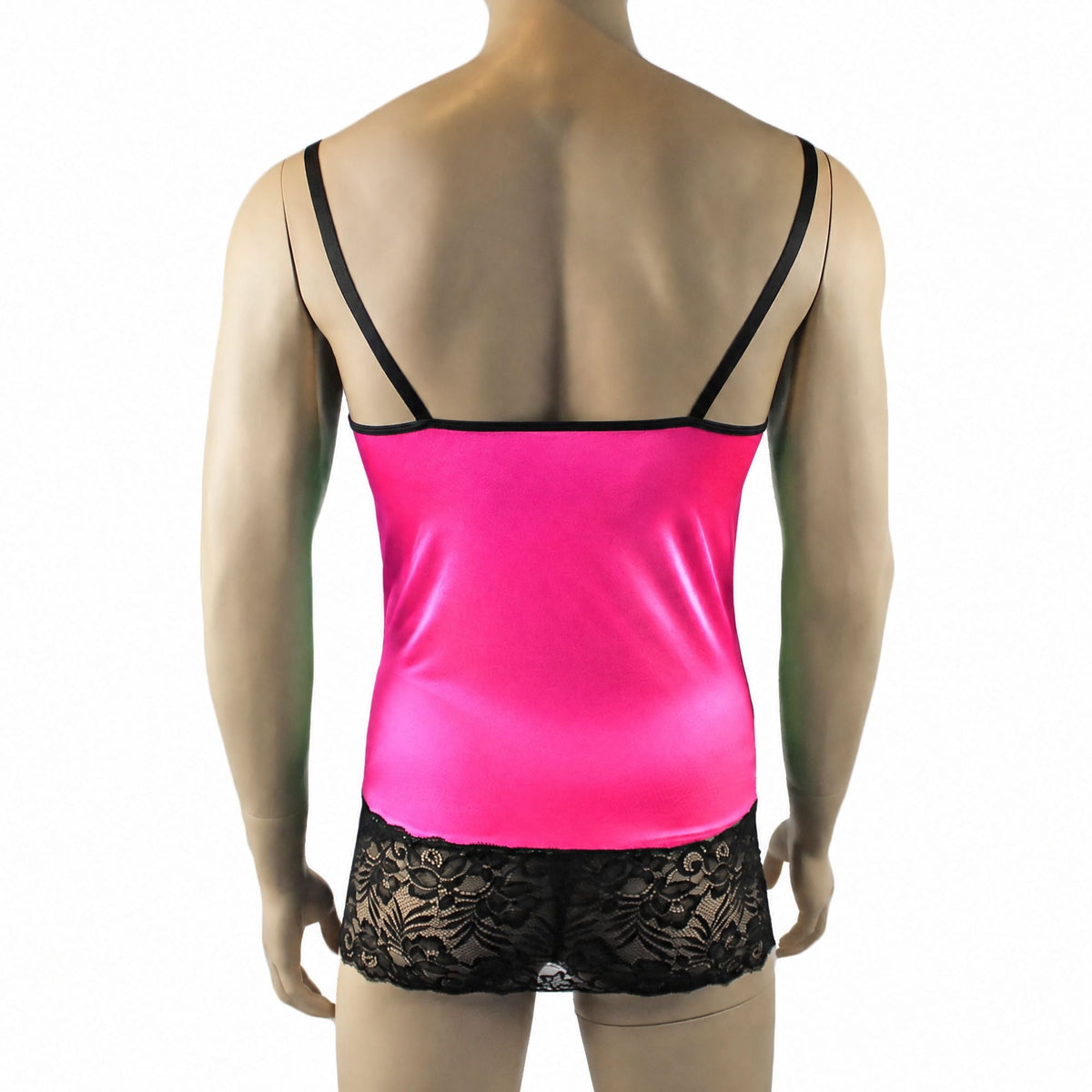 Mens Risque Camisole Mini Dress Chemise, G string & Stockings Neon Pink & Black