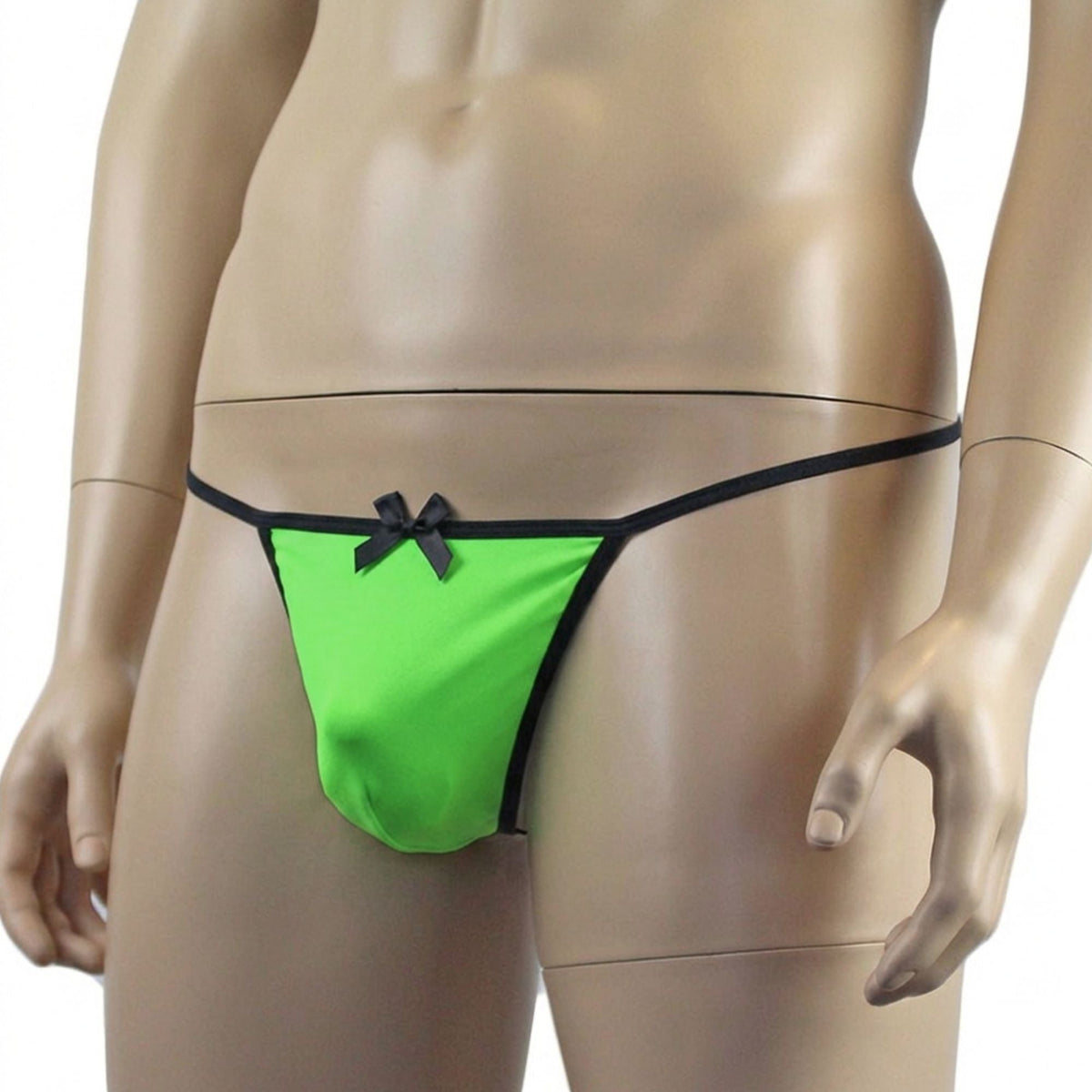 Mens Risque Stretch Spandex Pouch G string with Bow Neon Green