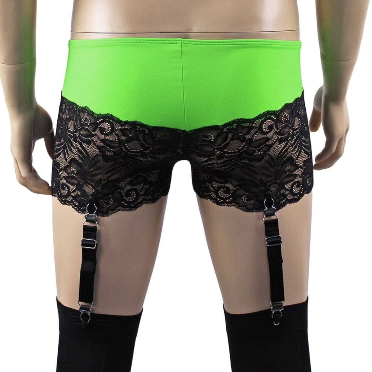 Mens Risque Boxer Briefs with Detachable Garters & Stockings Neon Green and Black Lace