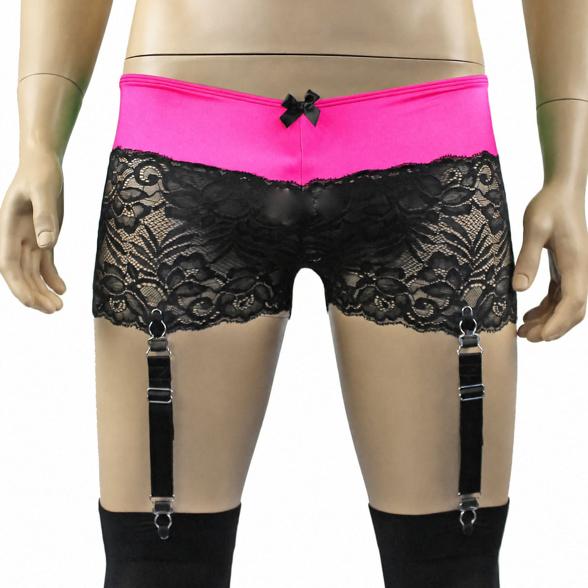 Mens Risque Bra Top, Boxer Briefs with Detachable Garters & Stockings Neon Pink & Black Lace