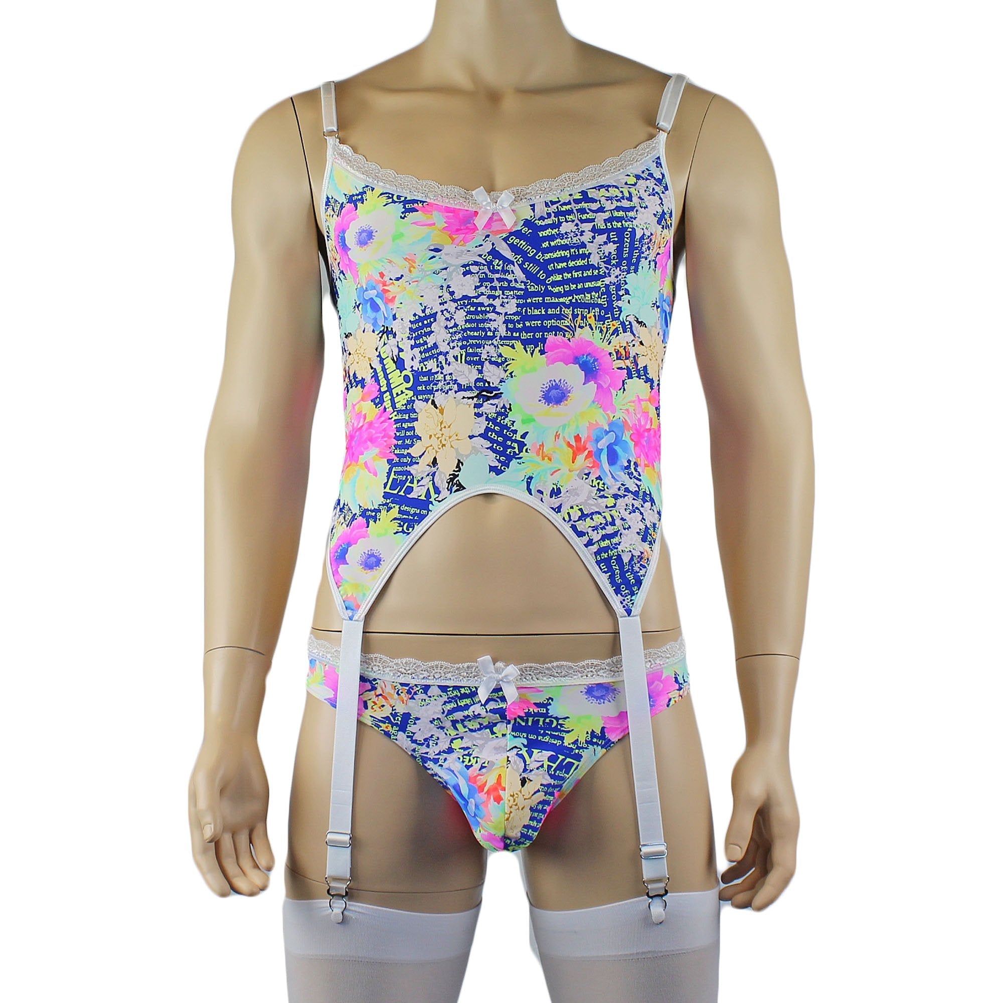 Mens Suzanne Floral Torso Corset Top, Thong & Stockings