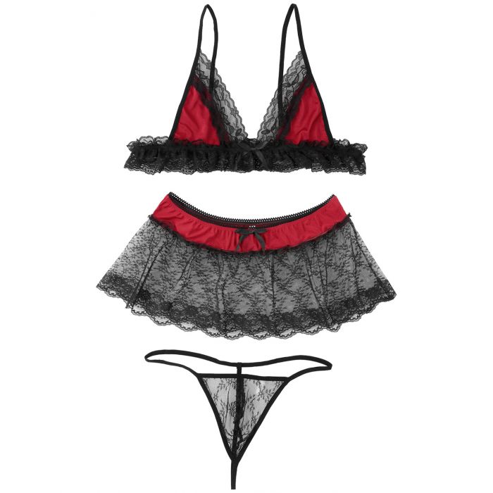 Sissy Lingerie Men Sleepwear Bra Top, G string and See-through Mini Skirt Red