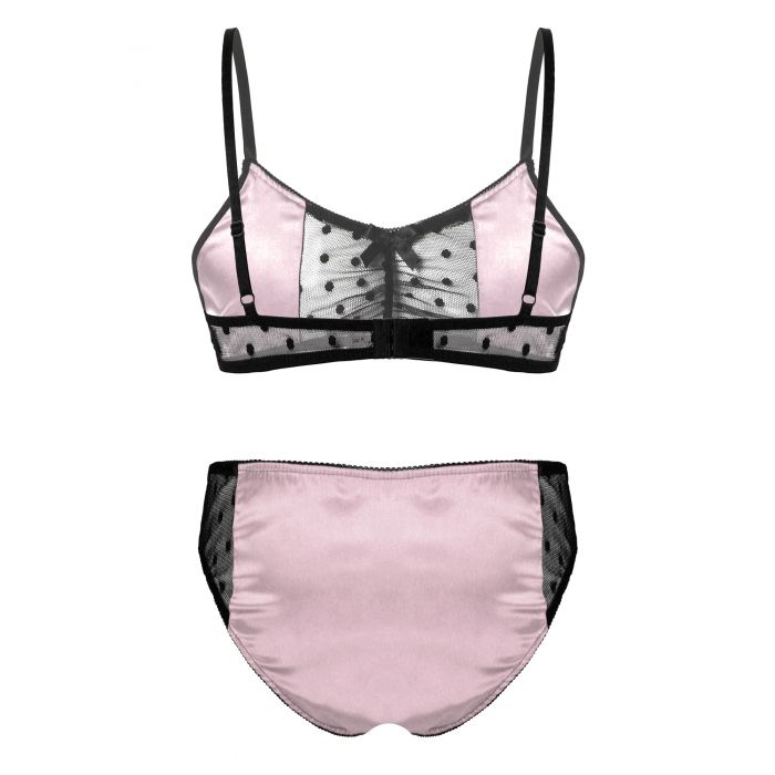Mens Sissy Satin and Lace Bra & Panty Set Light Pink & Black