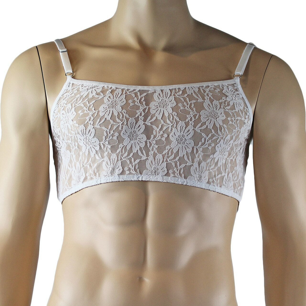 Mens Lace Crop Bra Top Camisole and Male Lingerie G string White