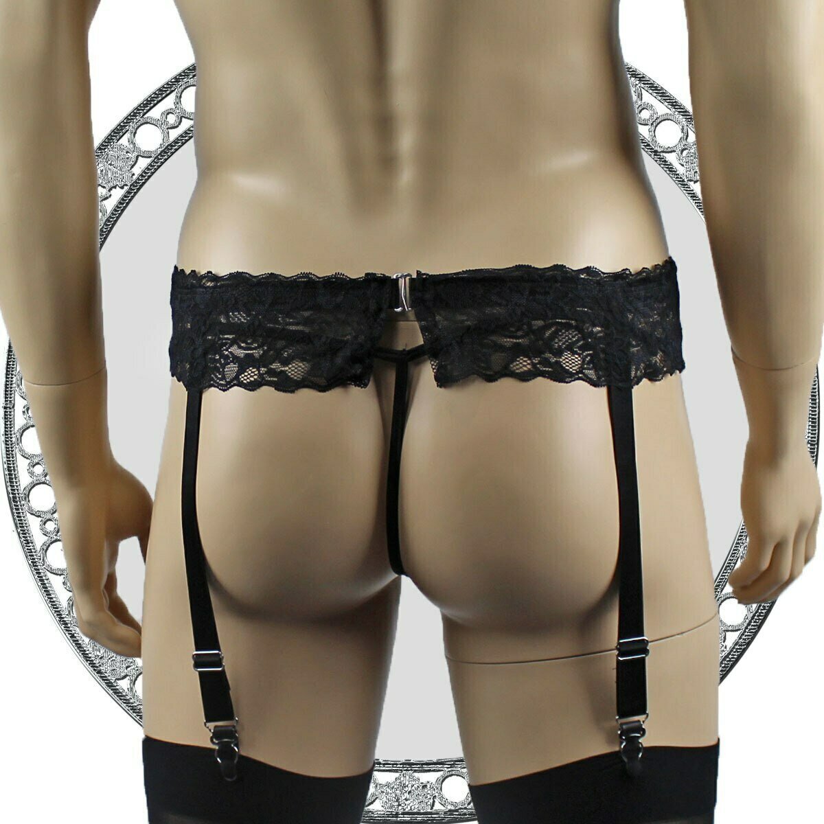 Mens Glamour Lycra & Lace Bra Top, Boxer Brief Shorts with Garterbelt & Stockings