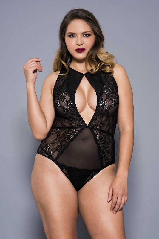 Glitter Flower Lace and Sheer Mesh Teddy Bodysuit Black