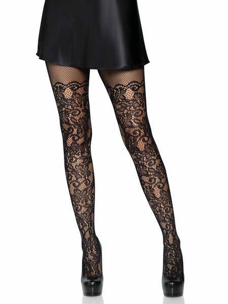 SALE - Stretch Fishnet Floral Vine Pantyhose Black