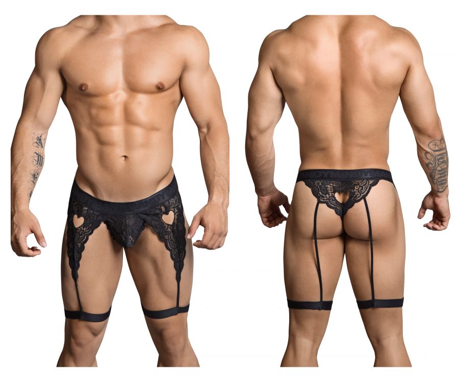 CandyMan 99310 Thong with Attached Garters Black