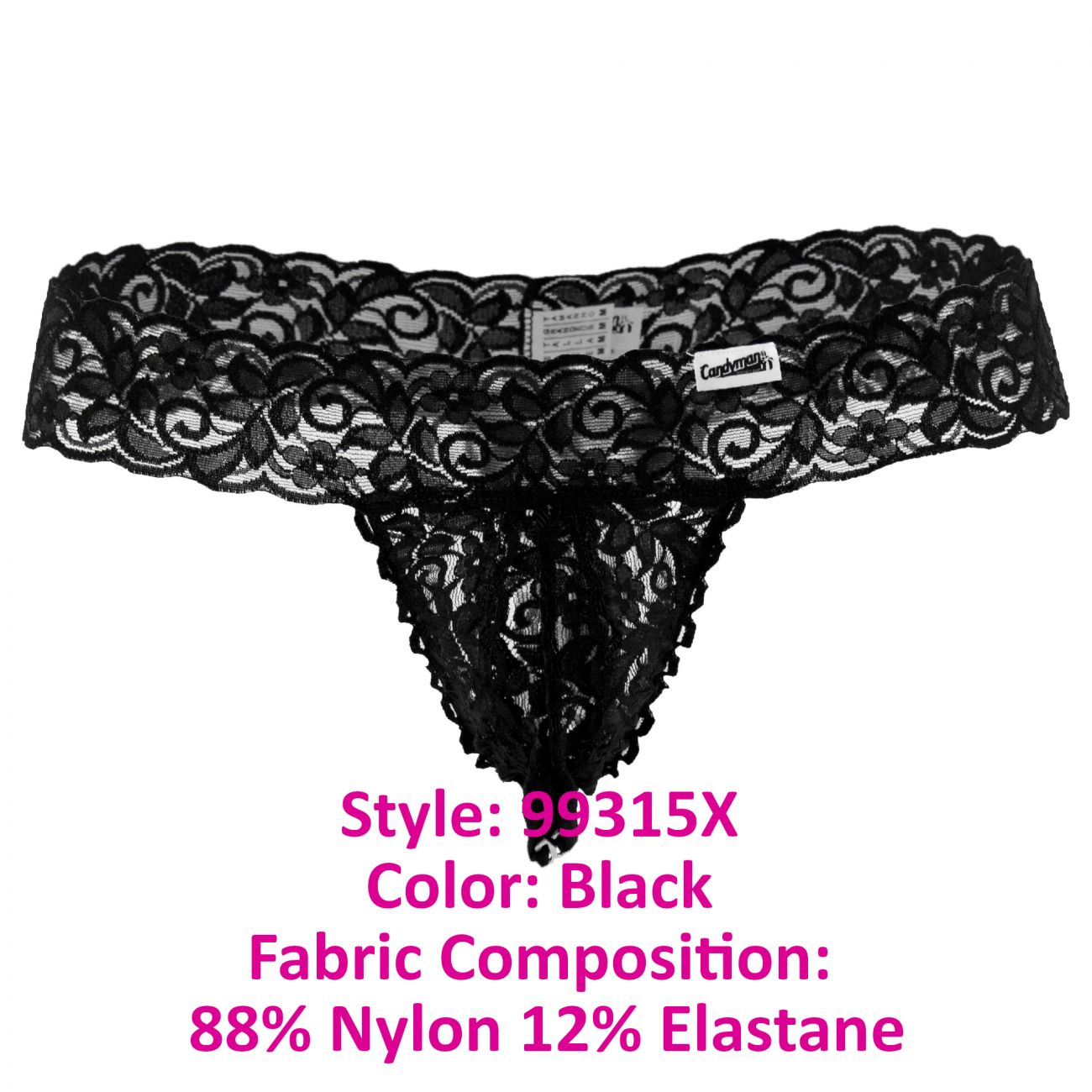 CandyMan 99315X  Peek a Boo Lace Thongs Black Plus Sizes