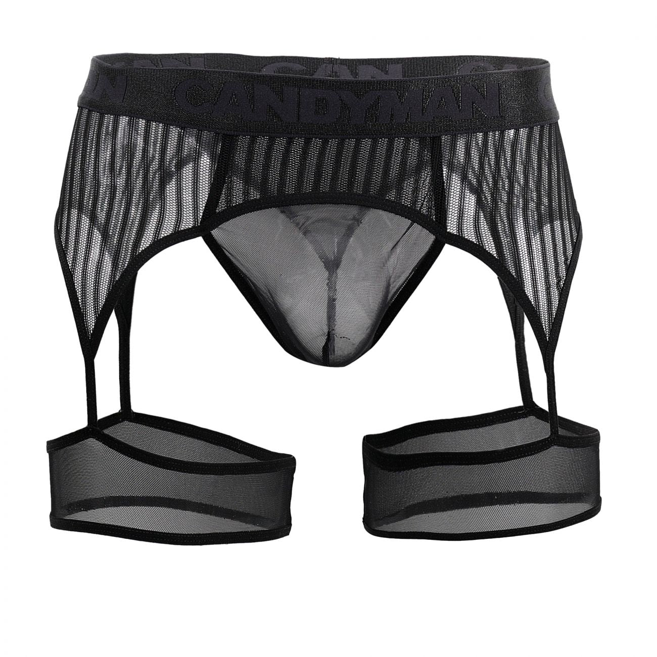 CandyMan 99403X Stripes Garterbelt Thongs Black Plus Sizes