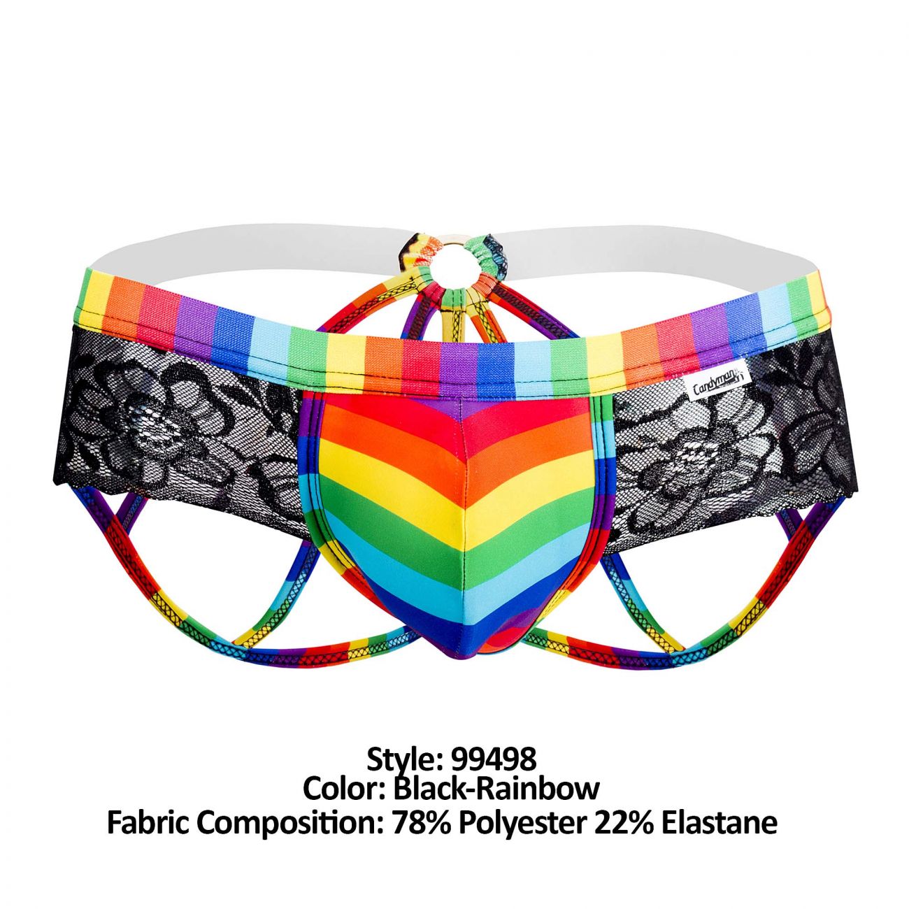 CandyMan 99498 Pride Lace Jockstrap Brief Black Rainbow