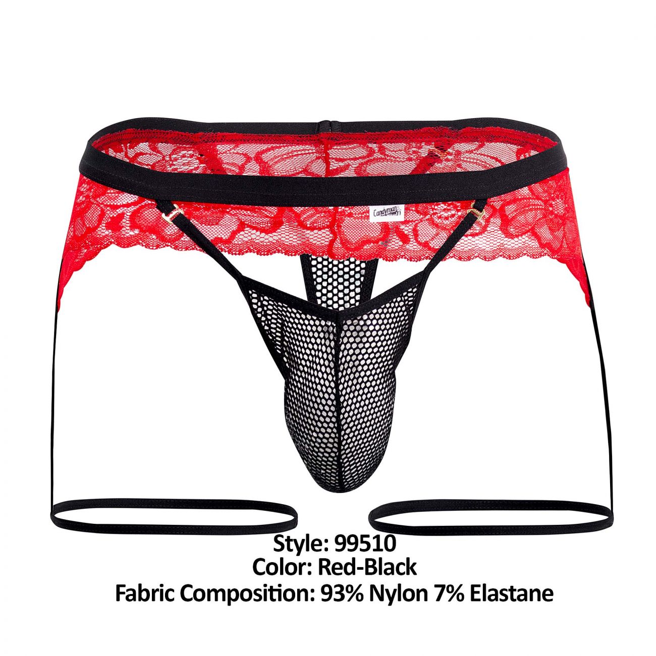 CandyMan 99510 Mesh-Lace Garter Thongs Red & Black
