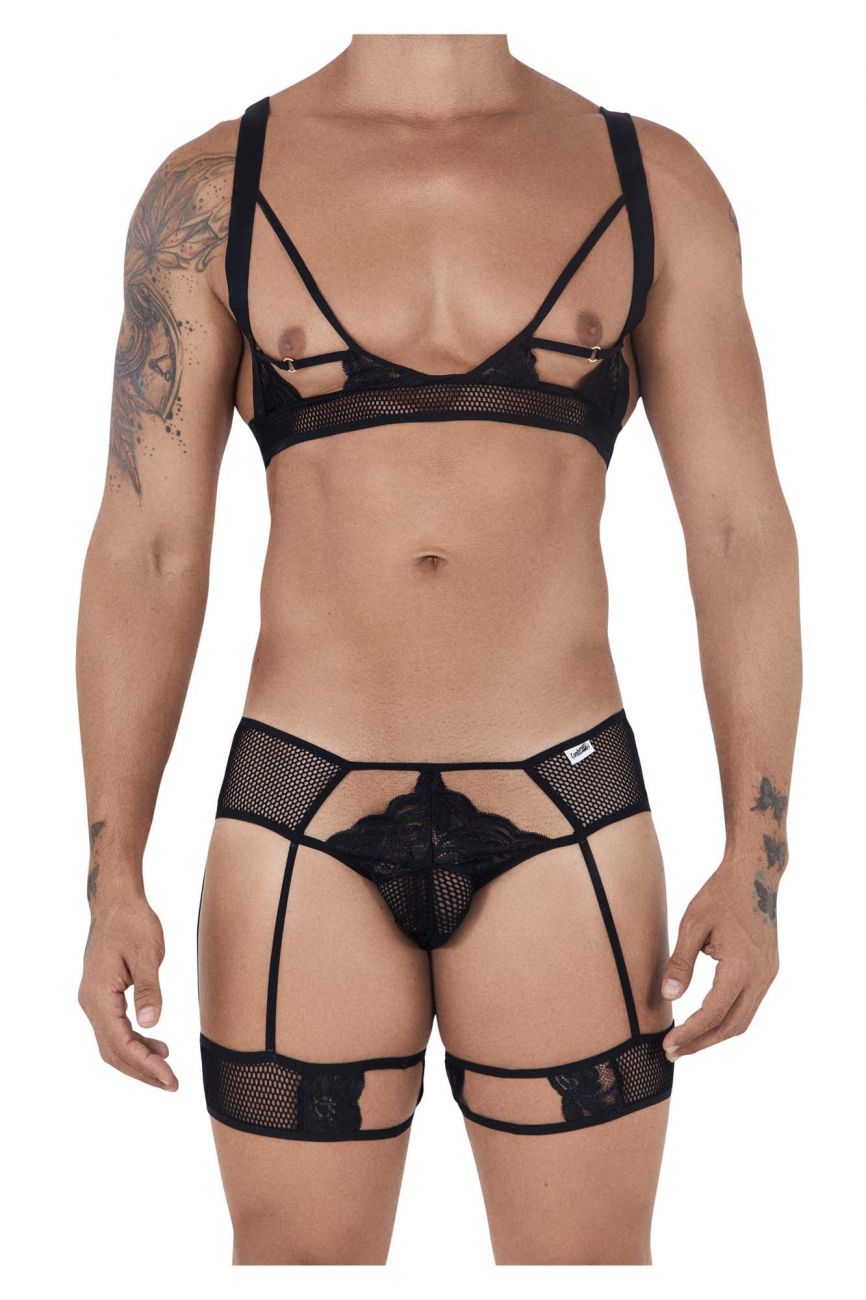 CandyMan 99527 Cut-Out Top and Garter Thongs Set Black