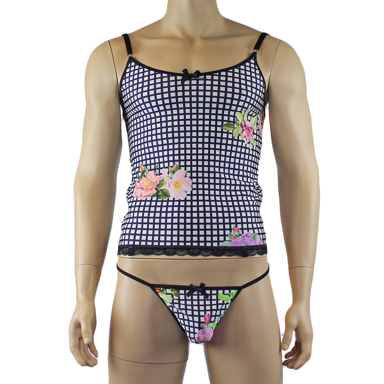 Mens Diana Camisole Corset Top & G string in a Pretty Flower Checkered Print Spandex