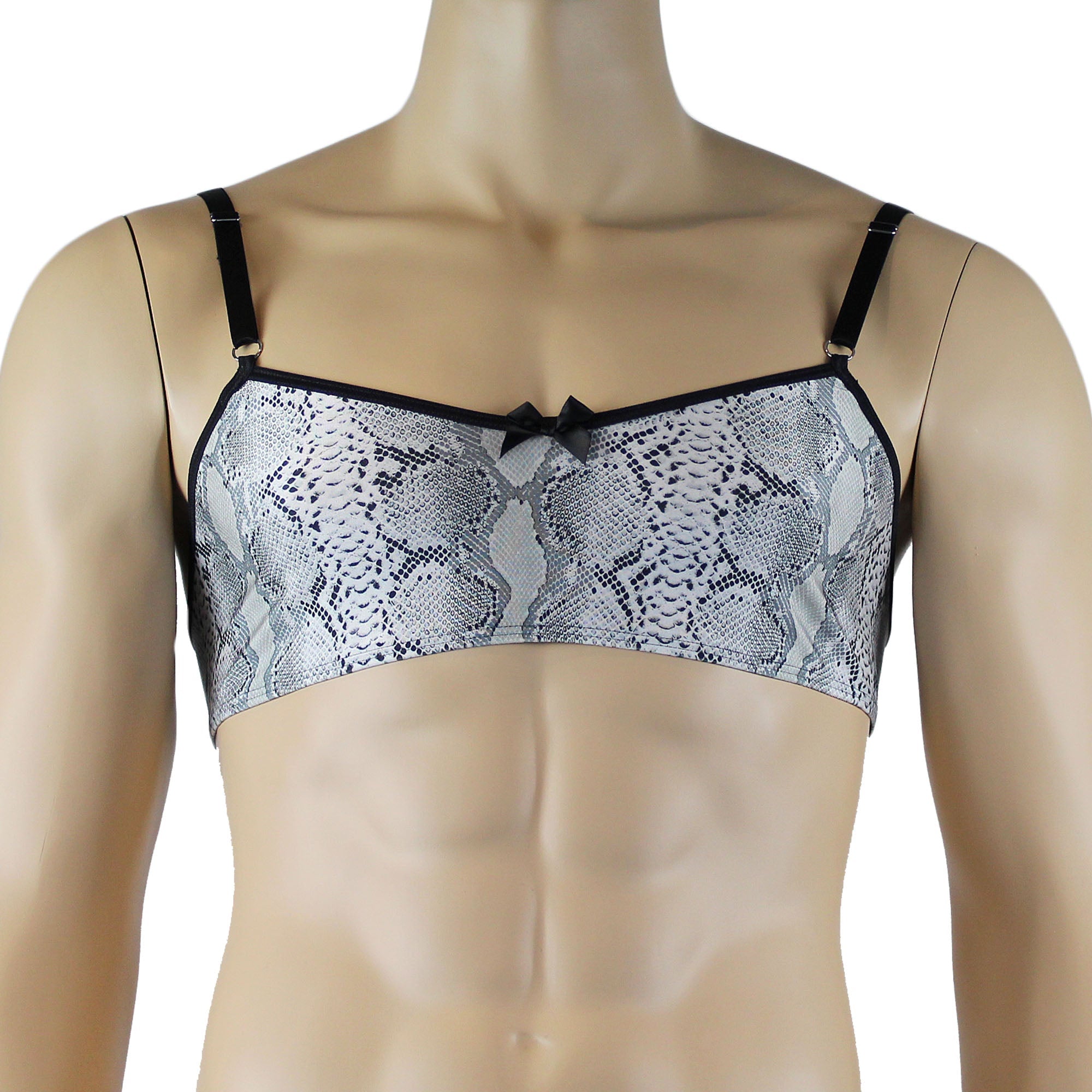 Mens Grey Snake Print & Black Lace Mens Bra Top, Thong, Garter & Stockings