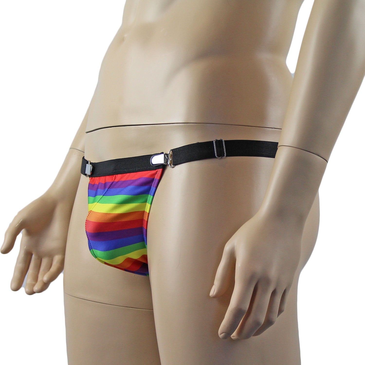Gay Pride Rainbow Mens Thong with Adjustable Metal Clasp Open Sides