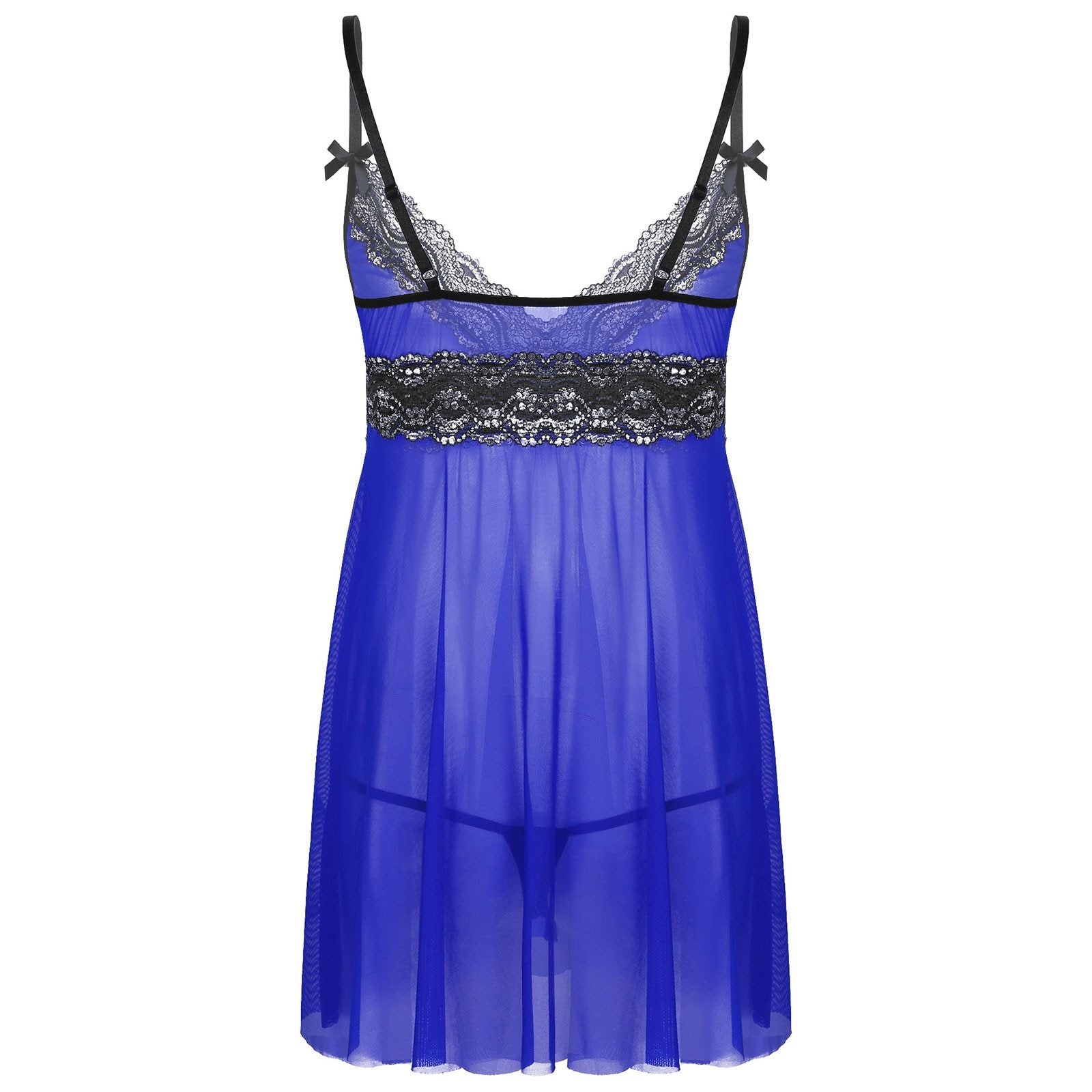 Mens Sissy Sheer Mesh and Lace Babydoll Seepwear Royal Blue