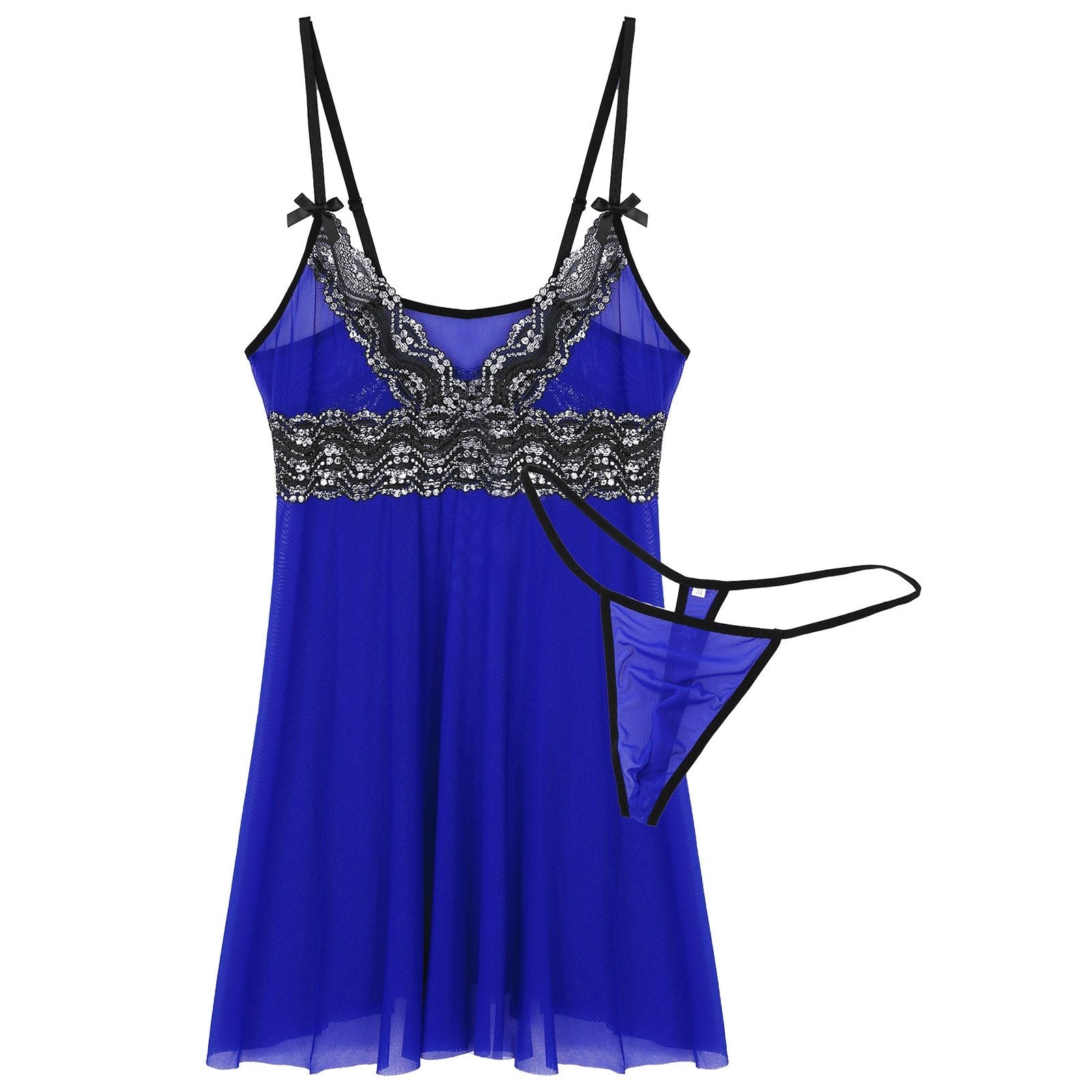 Mens Sissy Sheer Mesh and Lace Babydoll Seepwear Royal Blue