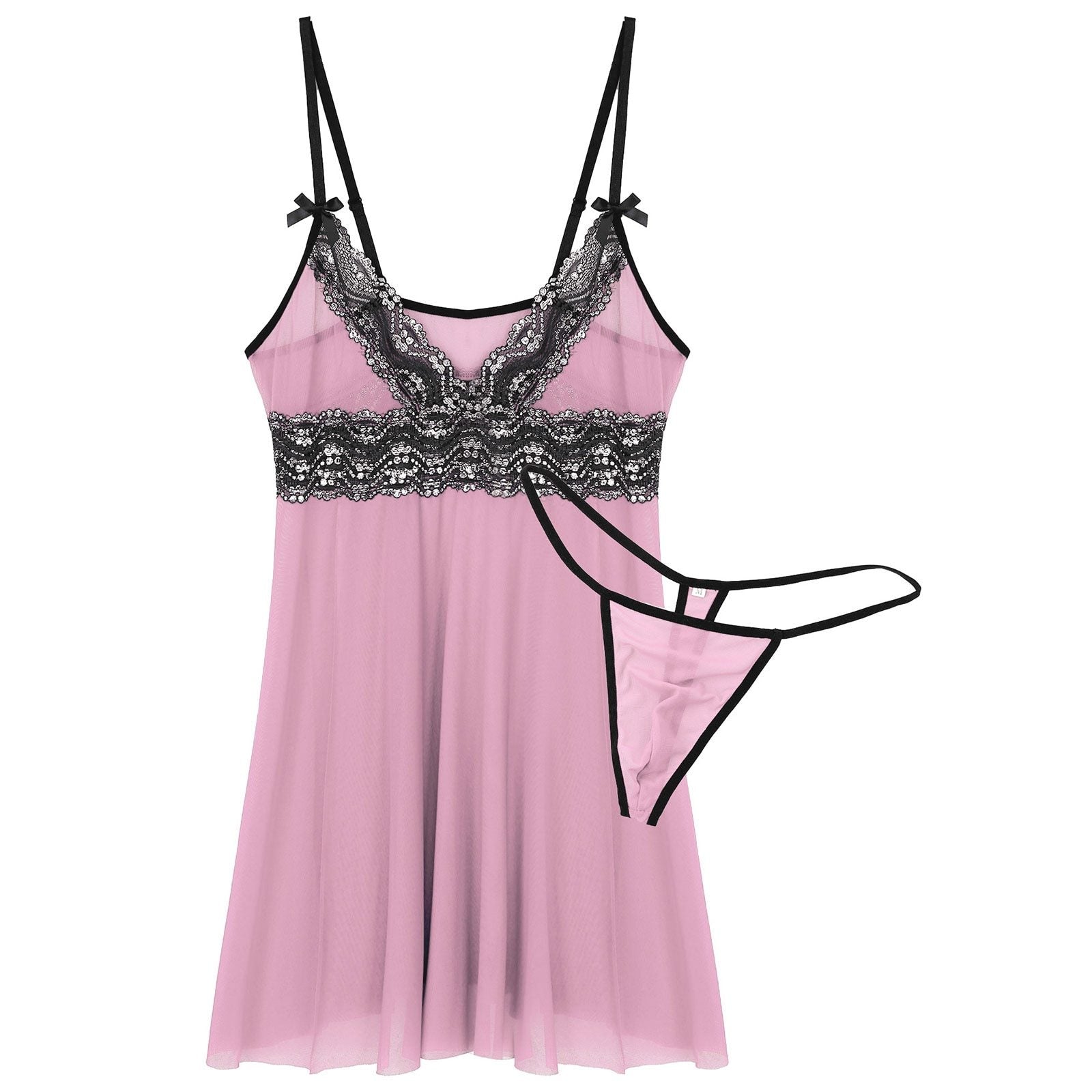 Mens Sissy Sheer Mesh and Lace Babydoll Seepwear Pink