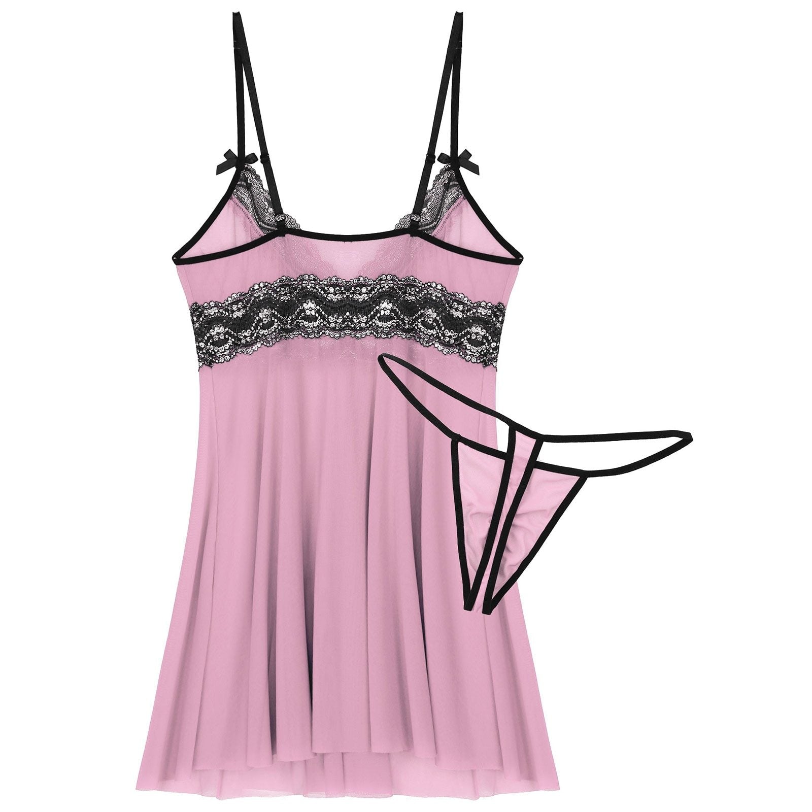 Mens Sissy Sheer Mesh and Lace Babydoll Seepwear Pink