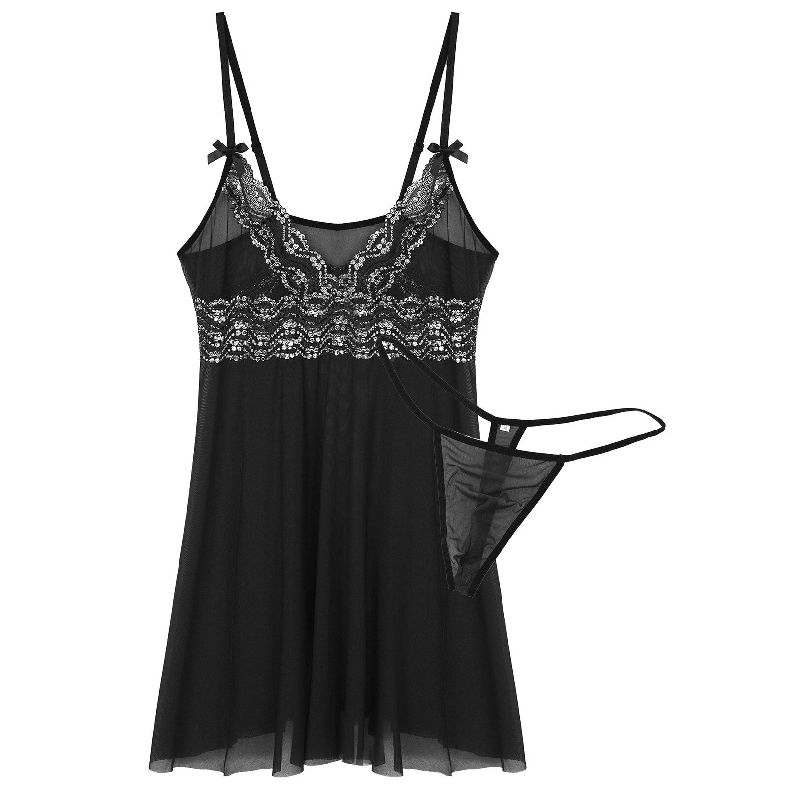 Mens Sissy Sheer Mesh and Lace Babydoll Sleepwear Black