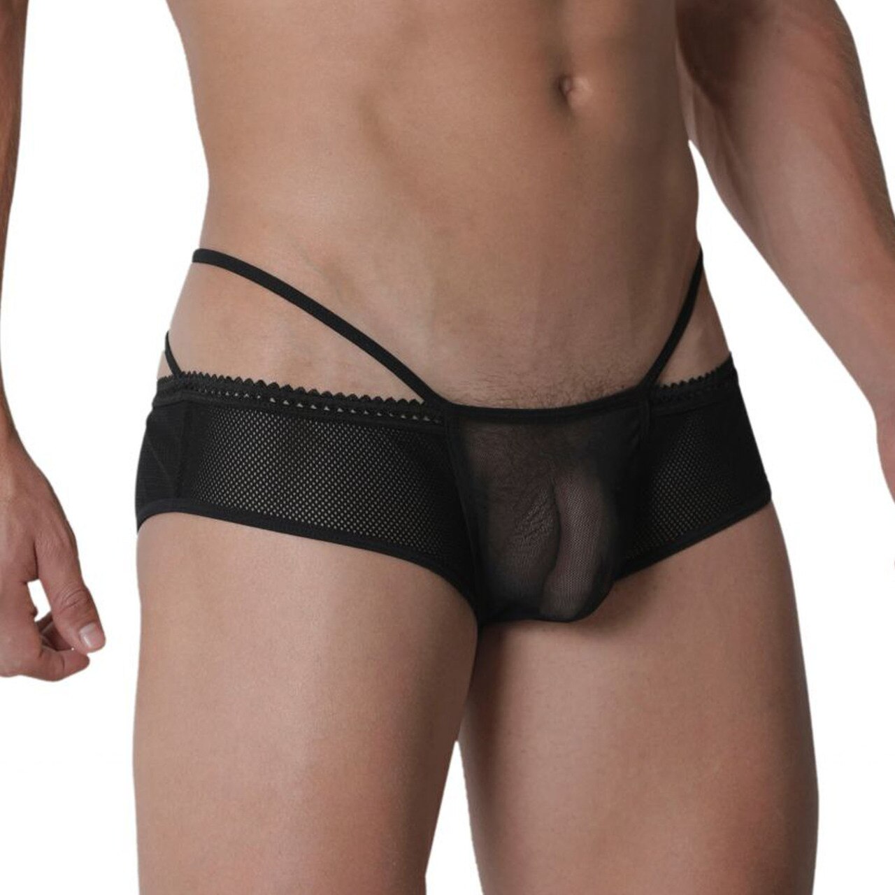 Mens Hidden Seduction Mesh Bikini Brief with Back Straps Black