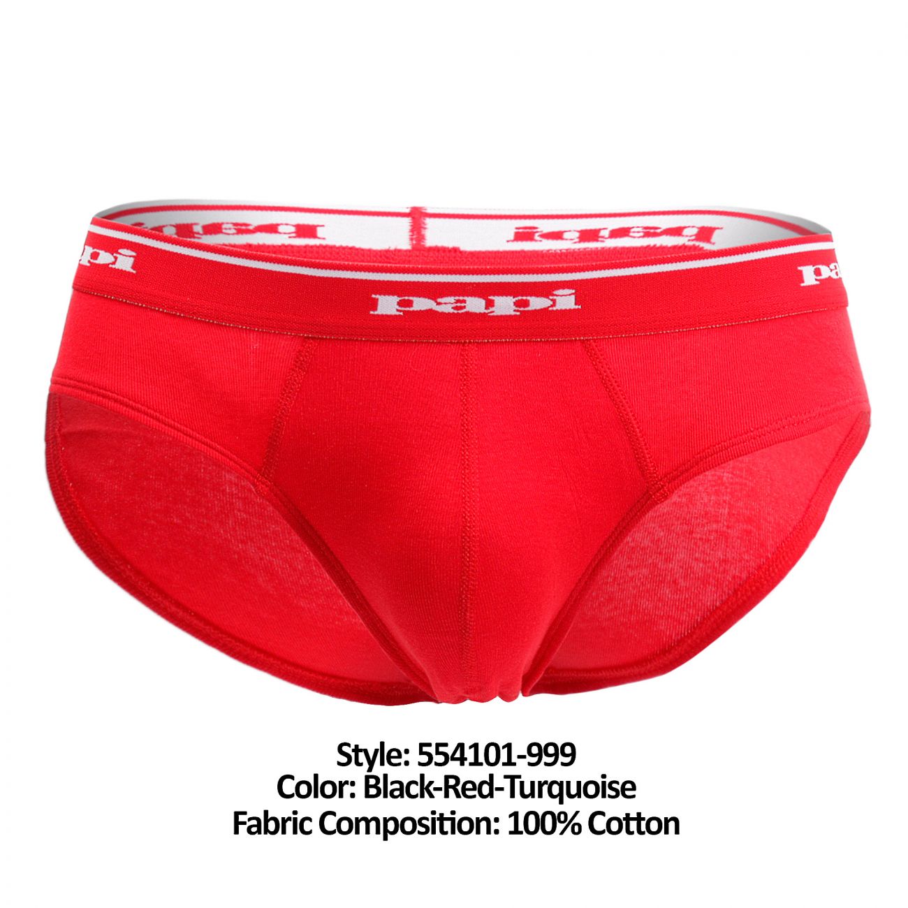 Papi 554101-999 3PK 1X1 Rib Low Rise Brief Black-Red-Turquoise