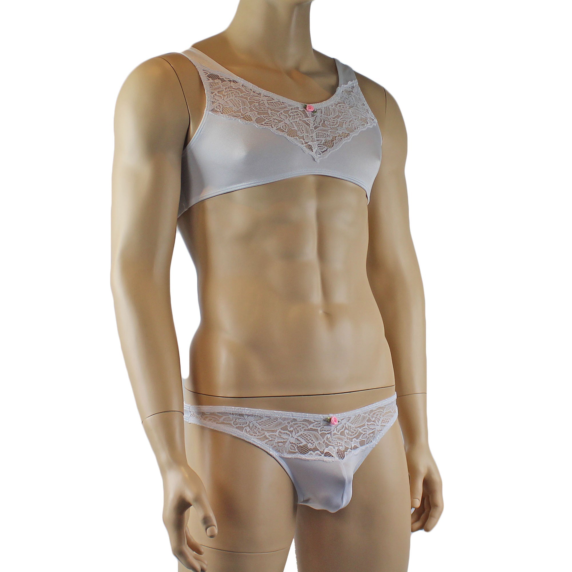 Male Penny Lingerie Bra Top with V Lace front and Capri Bikini White