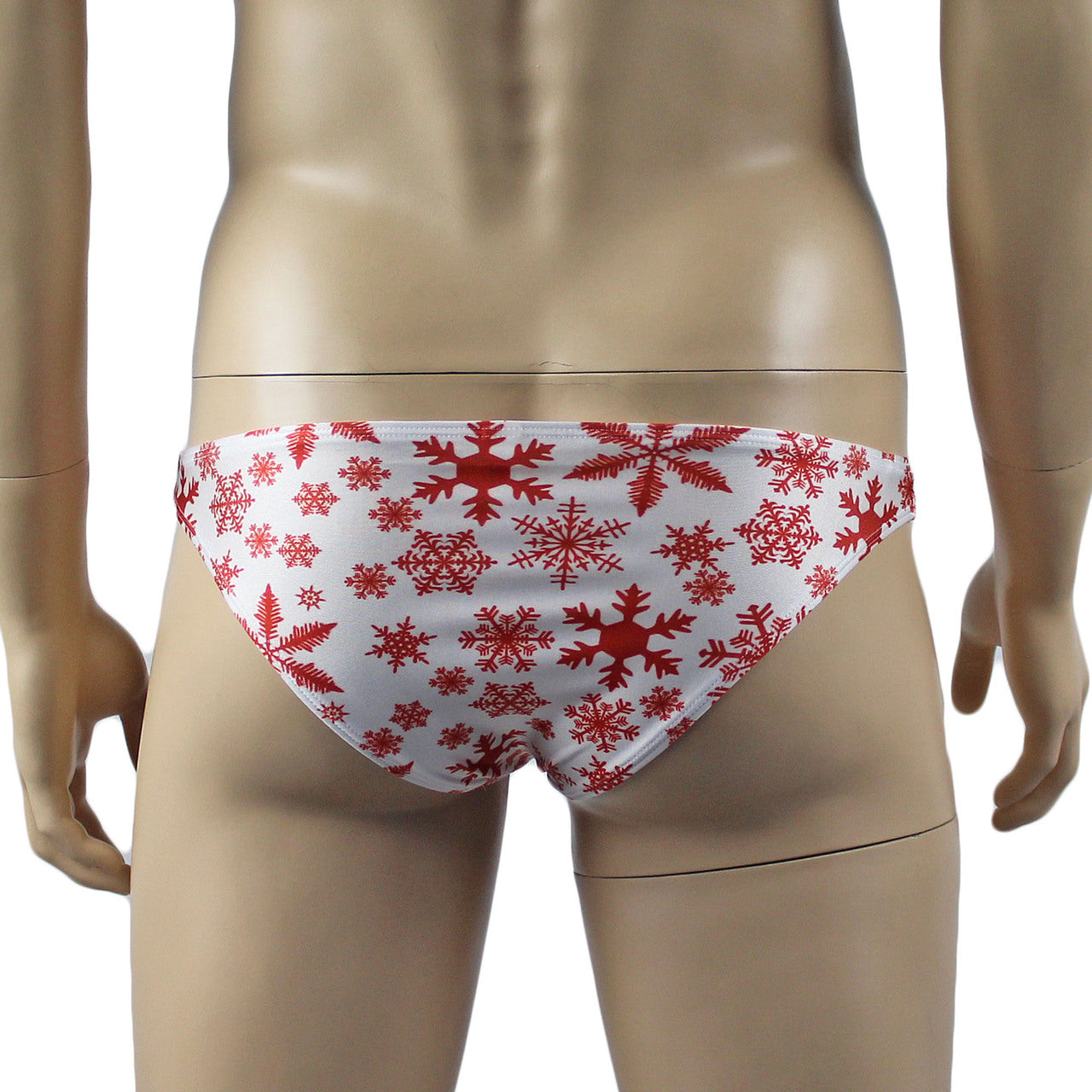 Mens Snowflake Print Spandex Low Cut Brief with Sexy Back White and Red