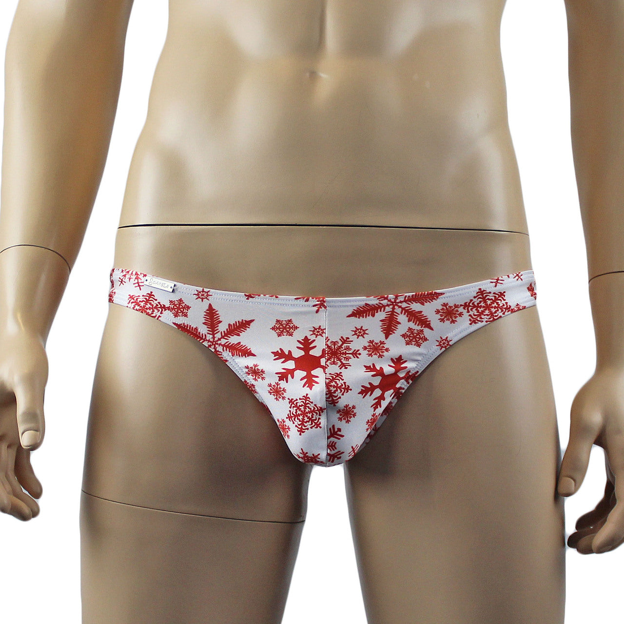 Mens Lingerie Snowflake Bra Top & Low Cut Thong White and Red