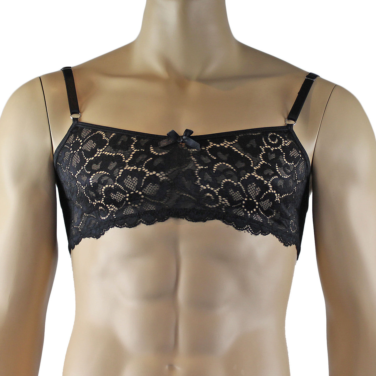 Mens Scalloped Shiny Lace Bra Top and G string (black plus other colours)