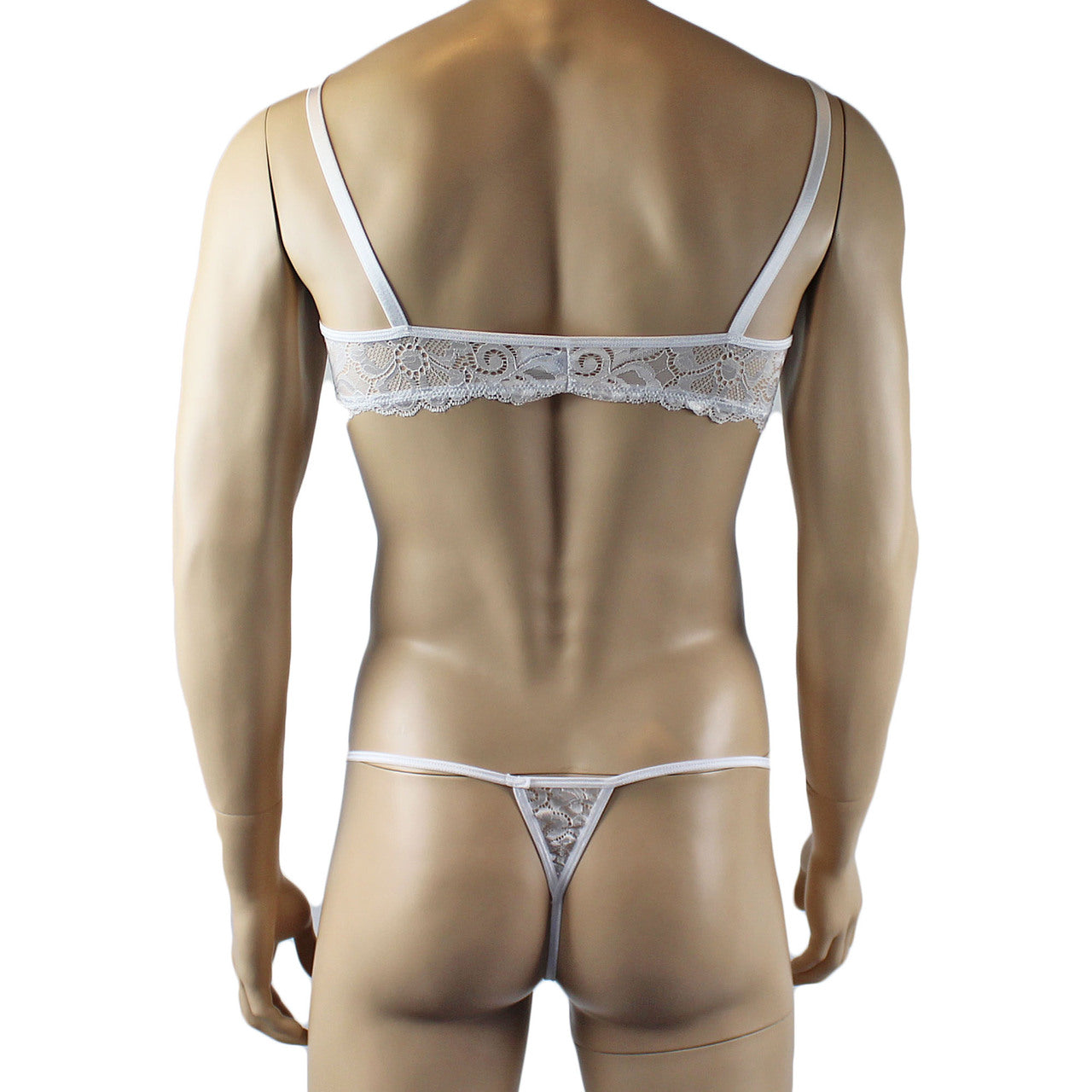 Mens Scalloped Shiny Lace Bra Top and G string (white plus other colours)