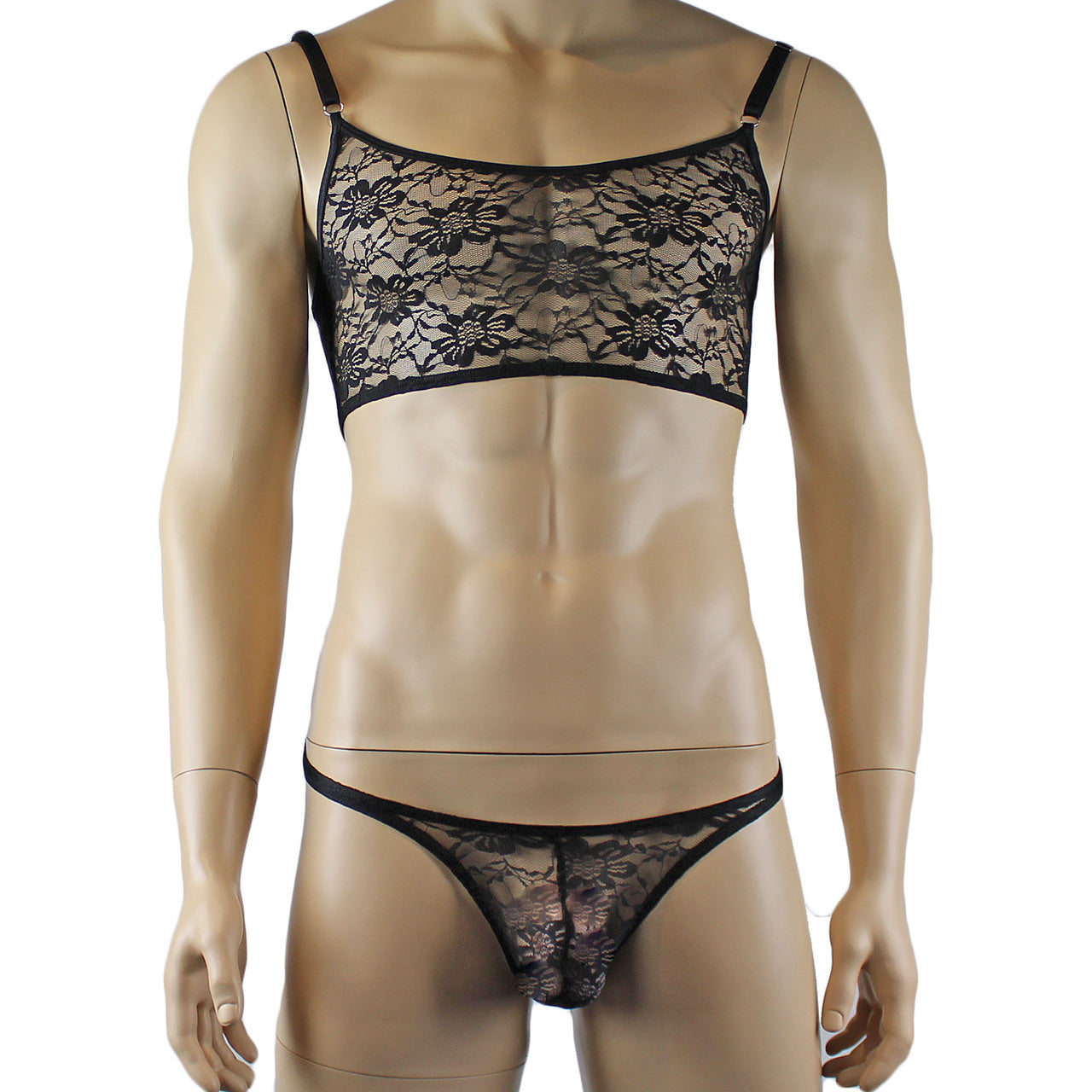 Mens Lace Crop Top Bra and Matching Lace Thong (black plus other colours)