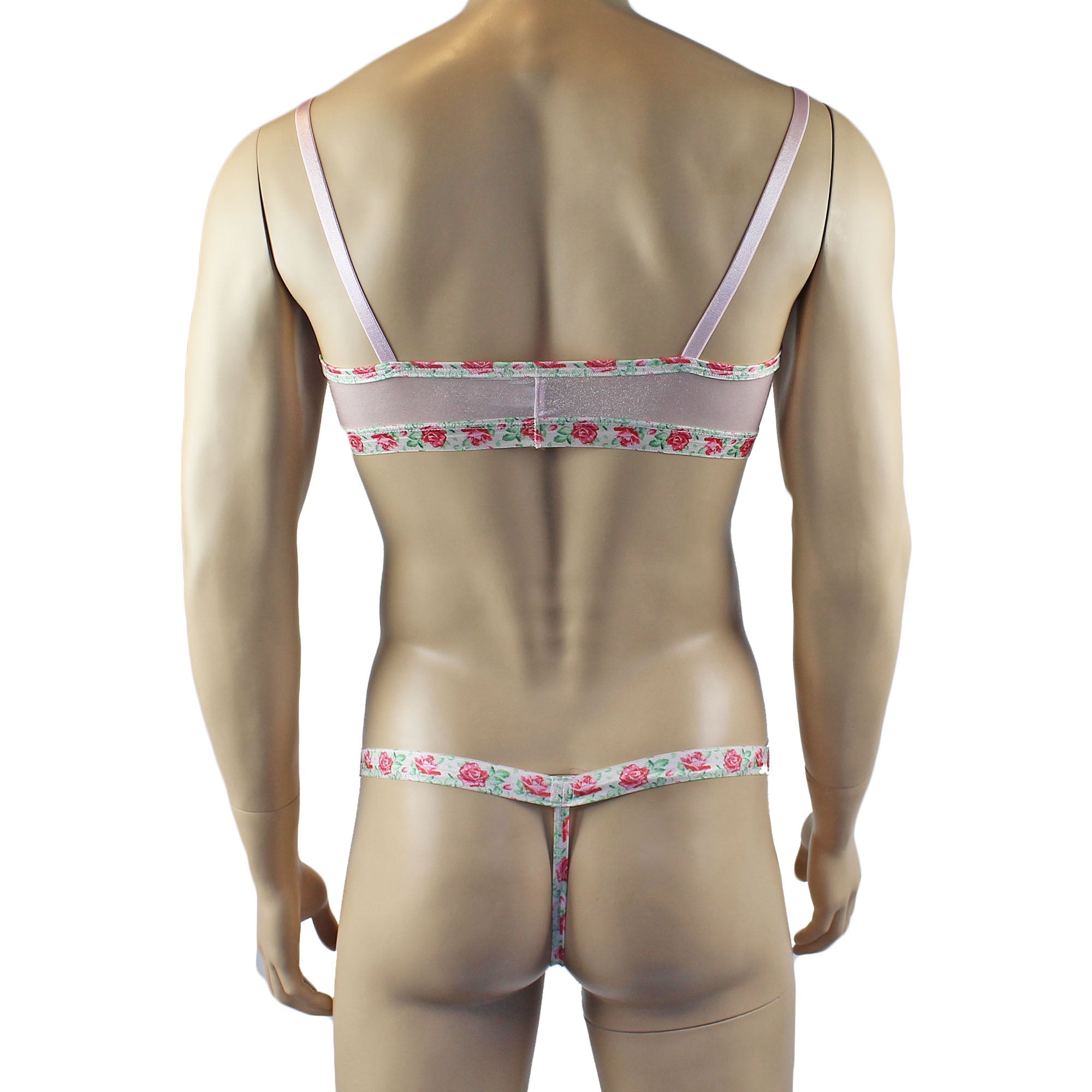 Mens Crystal Rose Sheer Stretch Glissenette Bra Top & G string with Flower Trim Pink