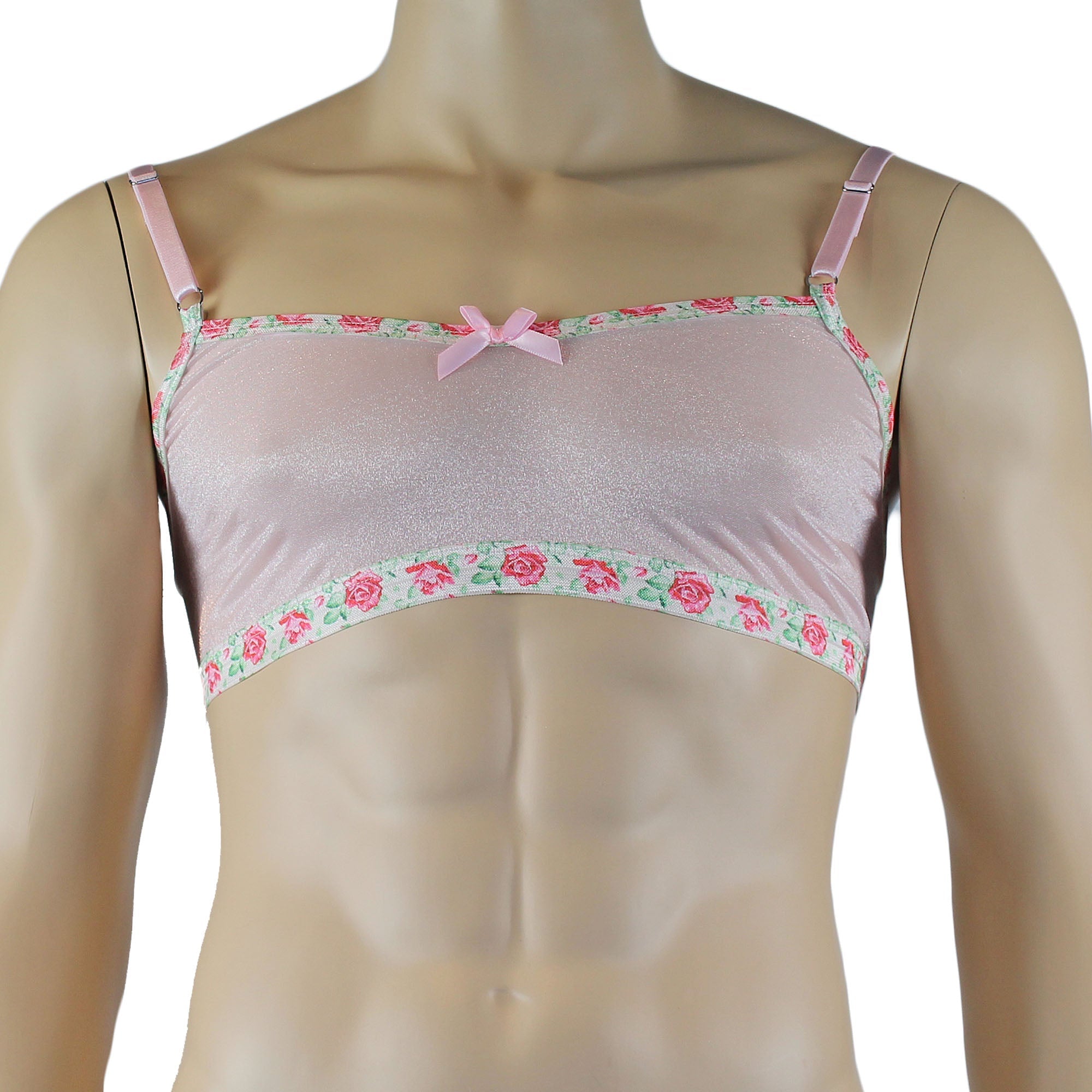 Mens Crystal Rose Sheer Stretch Glissenette Bra Top & G string with Flower Trim Pink