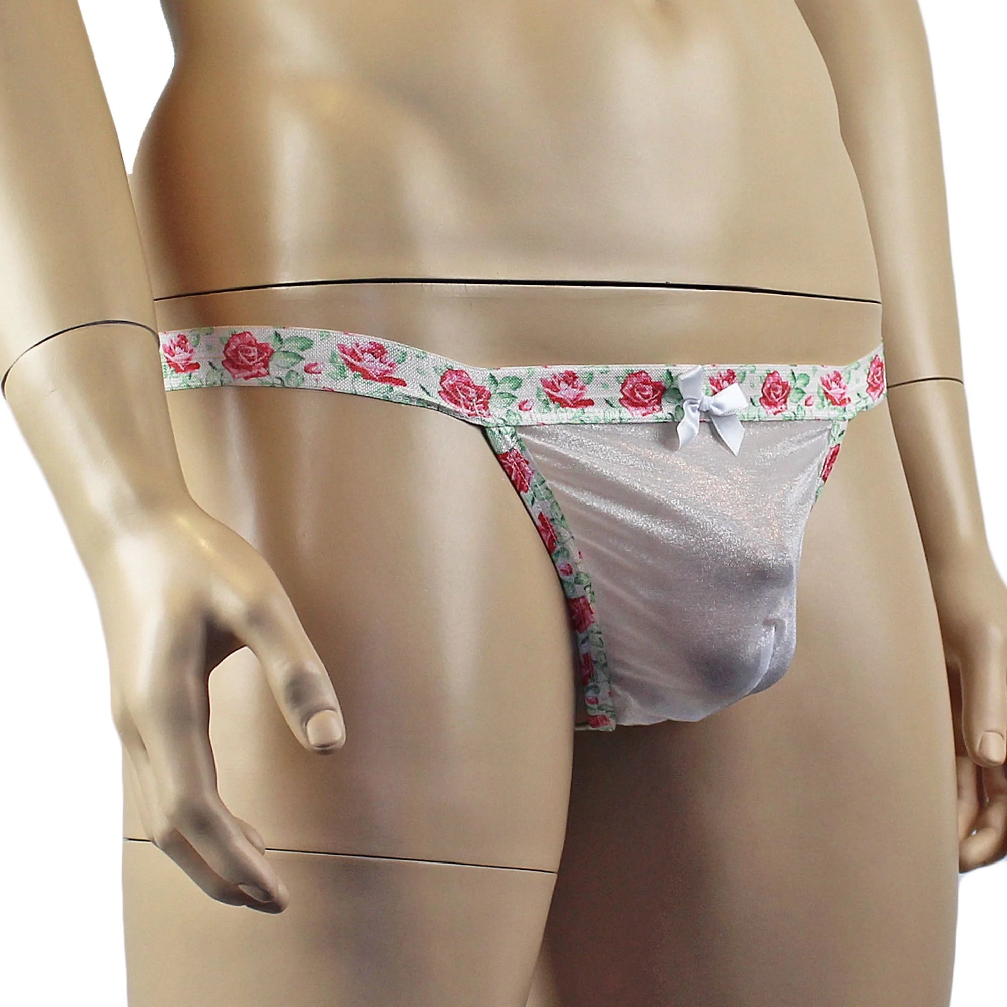 SALE - Mens Crystal Rose Sheer Stretch Glissenette G string with Flower Trim White