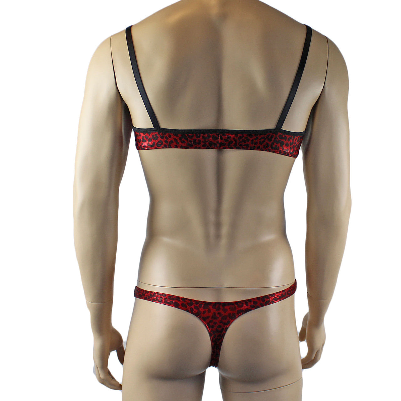 Mens Dazzle Animal Leopard Print Bra Top Camisole and Thong Set Red